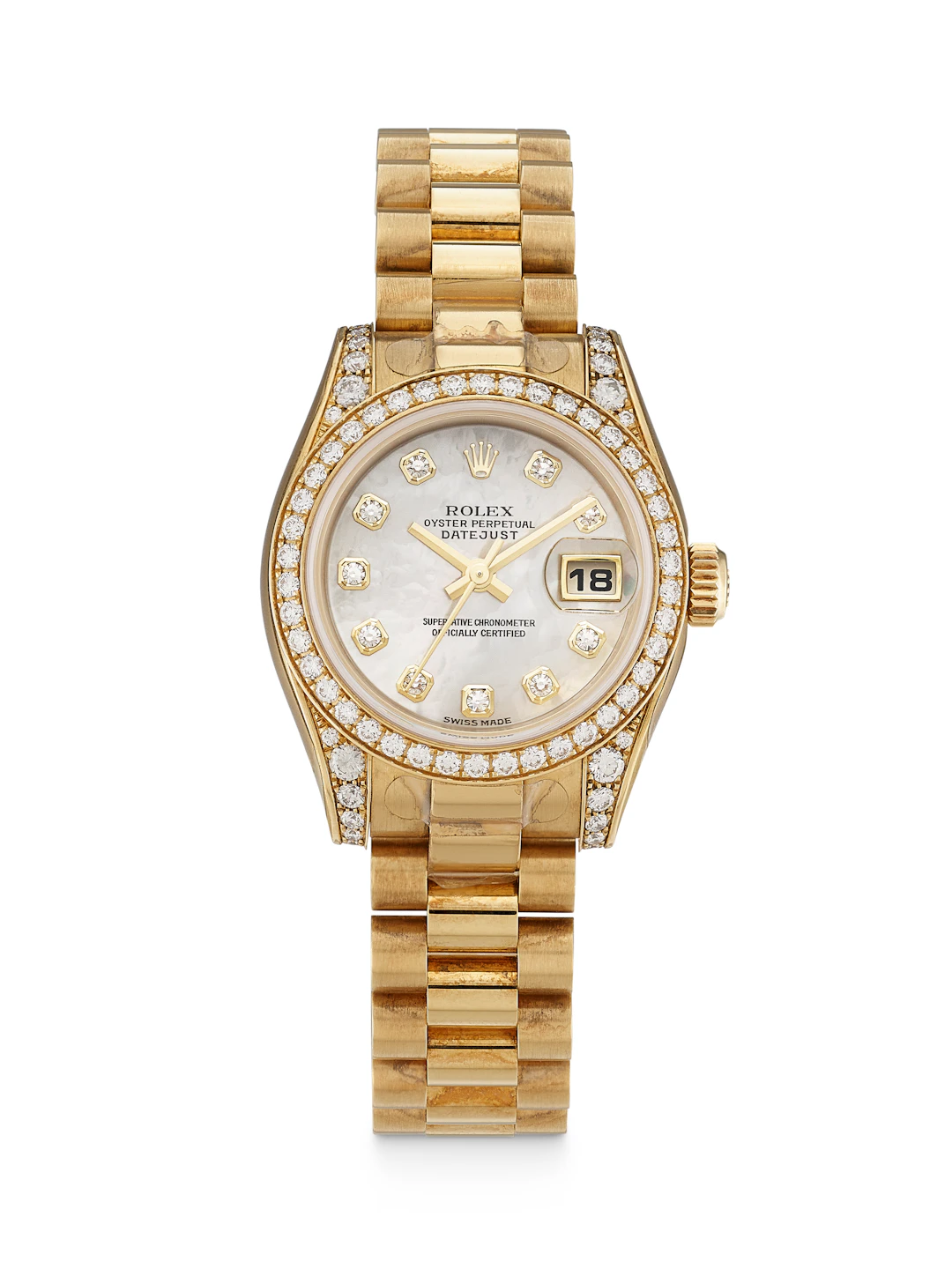 ROLEX. A LADY'S 18K GOLD AND DIAMOND-SET WRISTWATCH WITH DATE, SWEEP