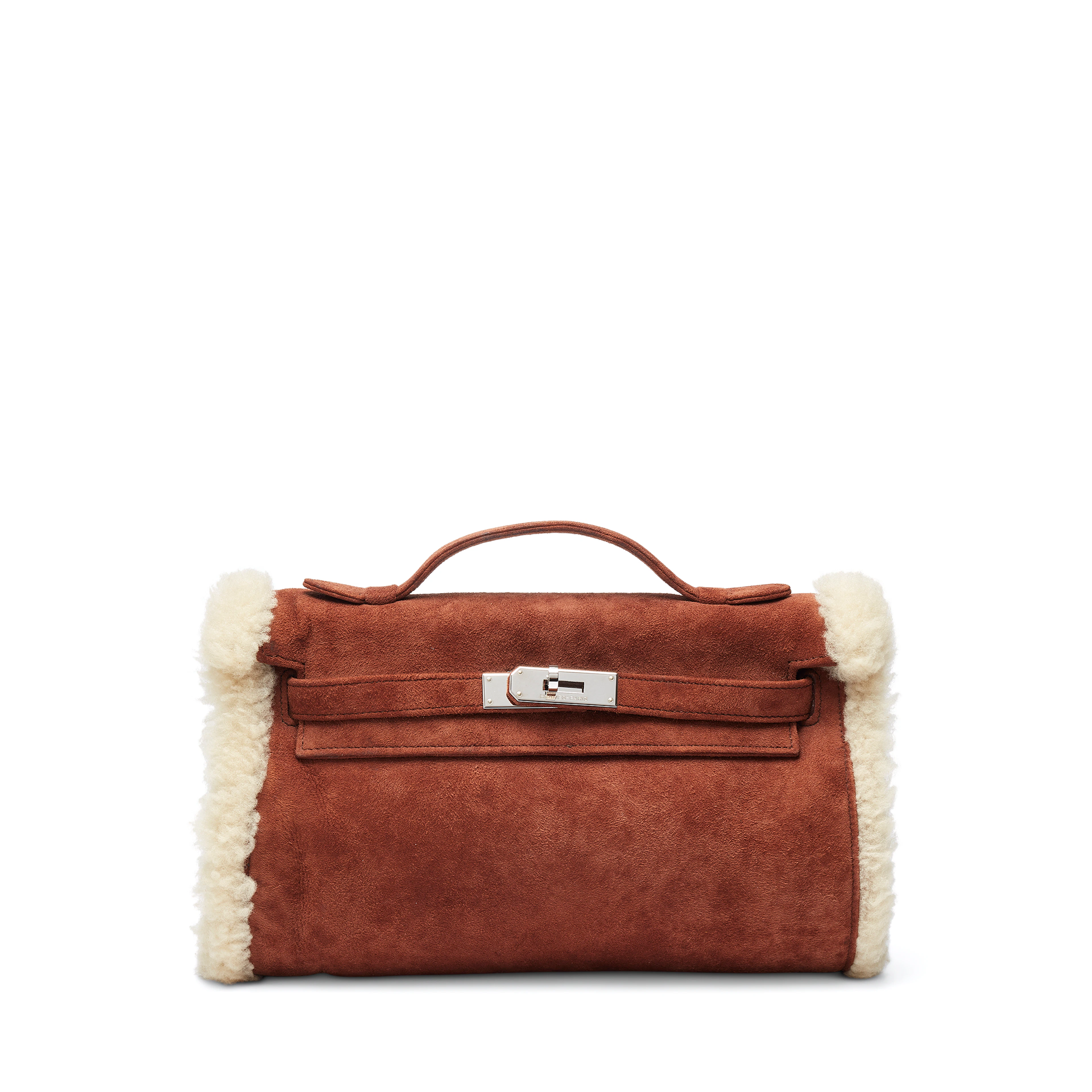 A RARE, LIMITED EDITION CHOCOLAT VEAU DOBLIS SHEARLING MUFF WITH PALLADIUM