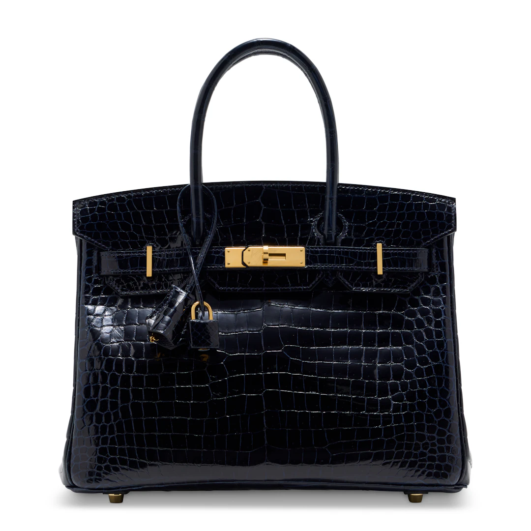 A SHINY BLEU MARINE POROSUS CROCODILE BIRKIN 30 WITH GOLD HARDWARE