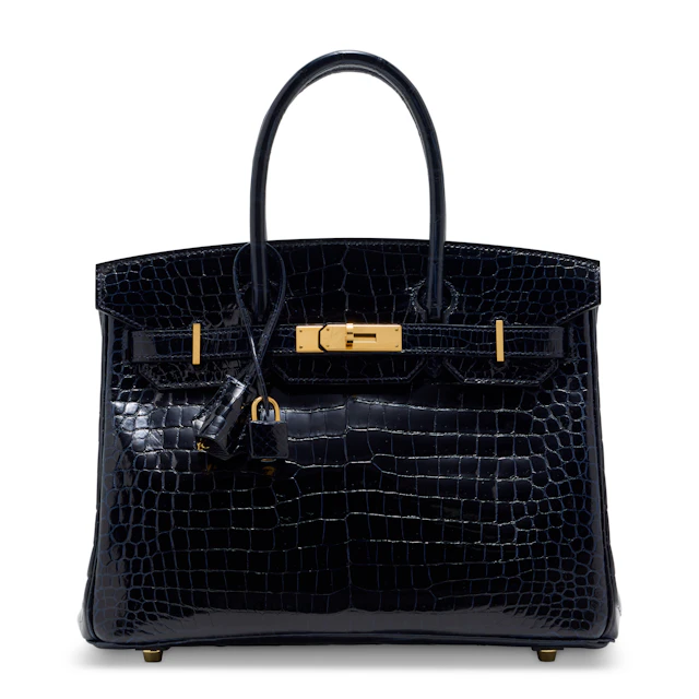 A SHINY BLEU MARINE POROSUS CROCODILE BIRKIN 30 WITH GOLD HARDWARE