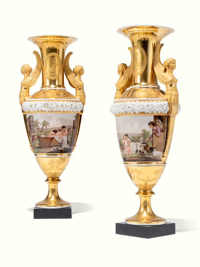 A PAIR OF RESTORATION PORCELAIN GOLD-GROUND TWO-HANDLED SLENDER URN-SHAPED