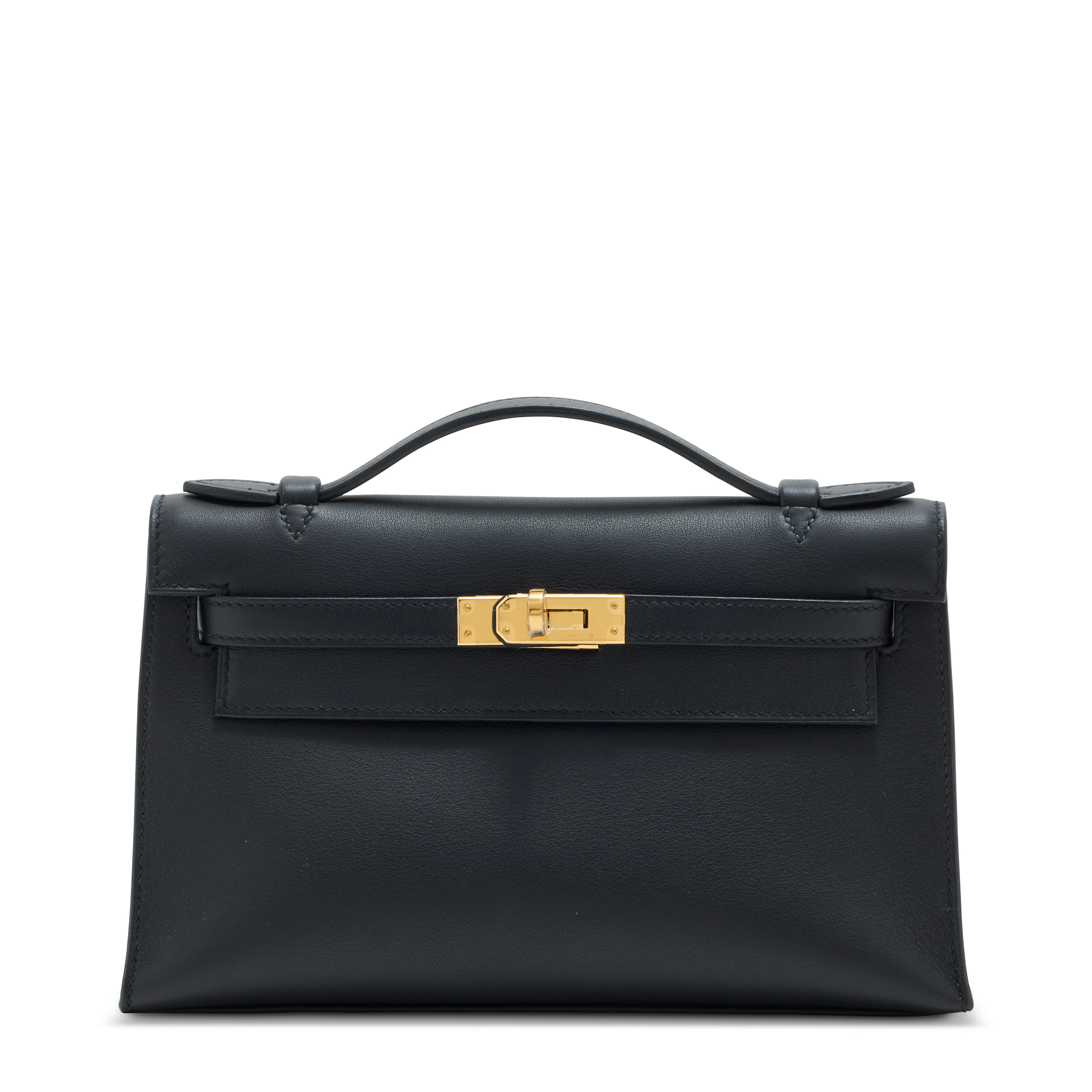 A BLACK SWIFT LEATHER KELLY POCHETTE WITH GOLD HARDWARE
