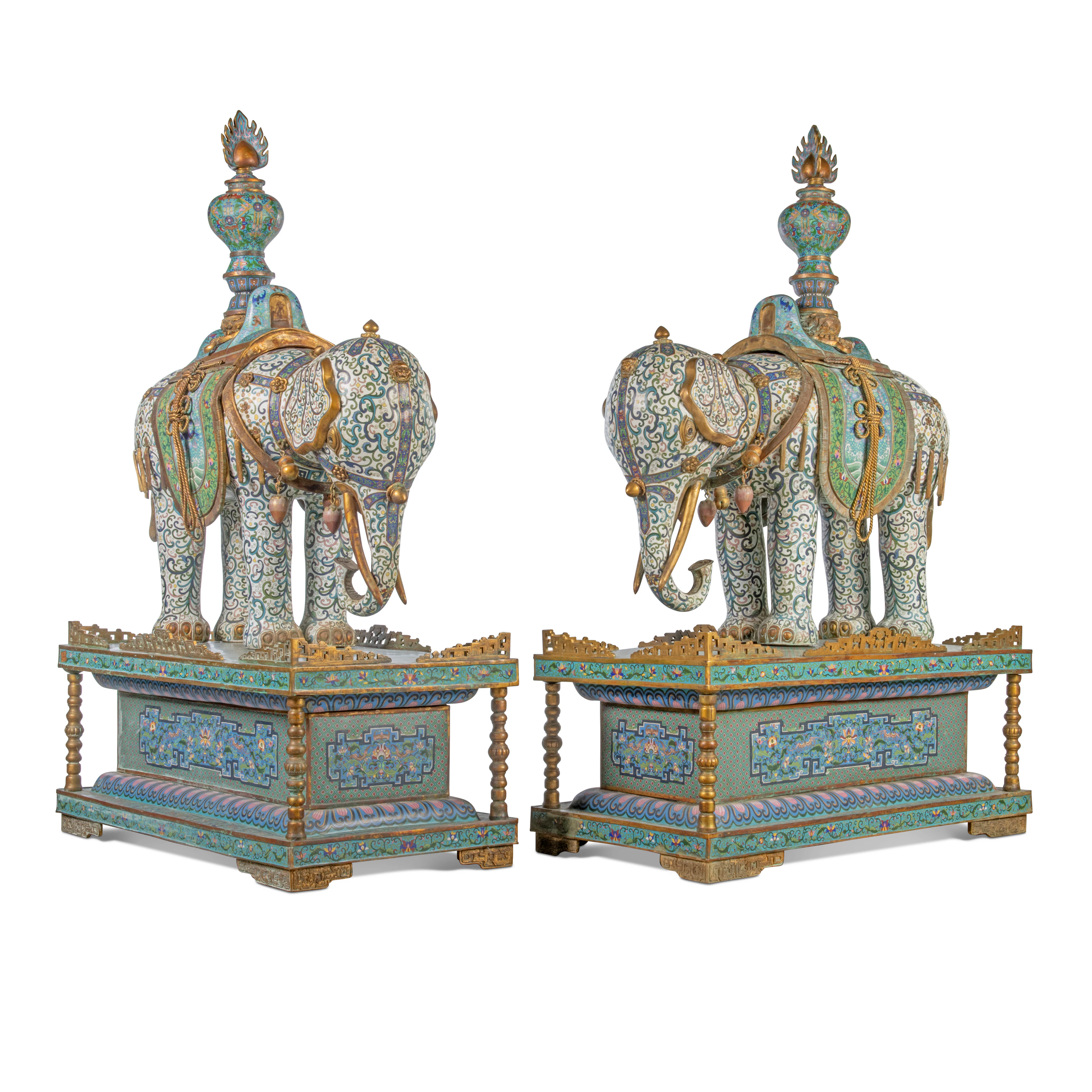 A PAIR OF LARGE CHINESE CLOISONNE ENAMEL ELEPHANTS ON STANDS