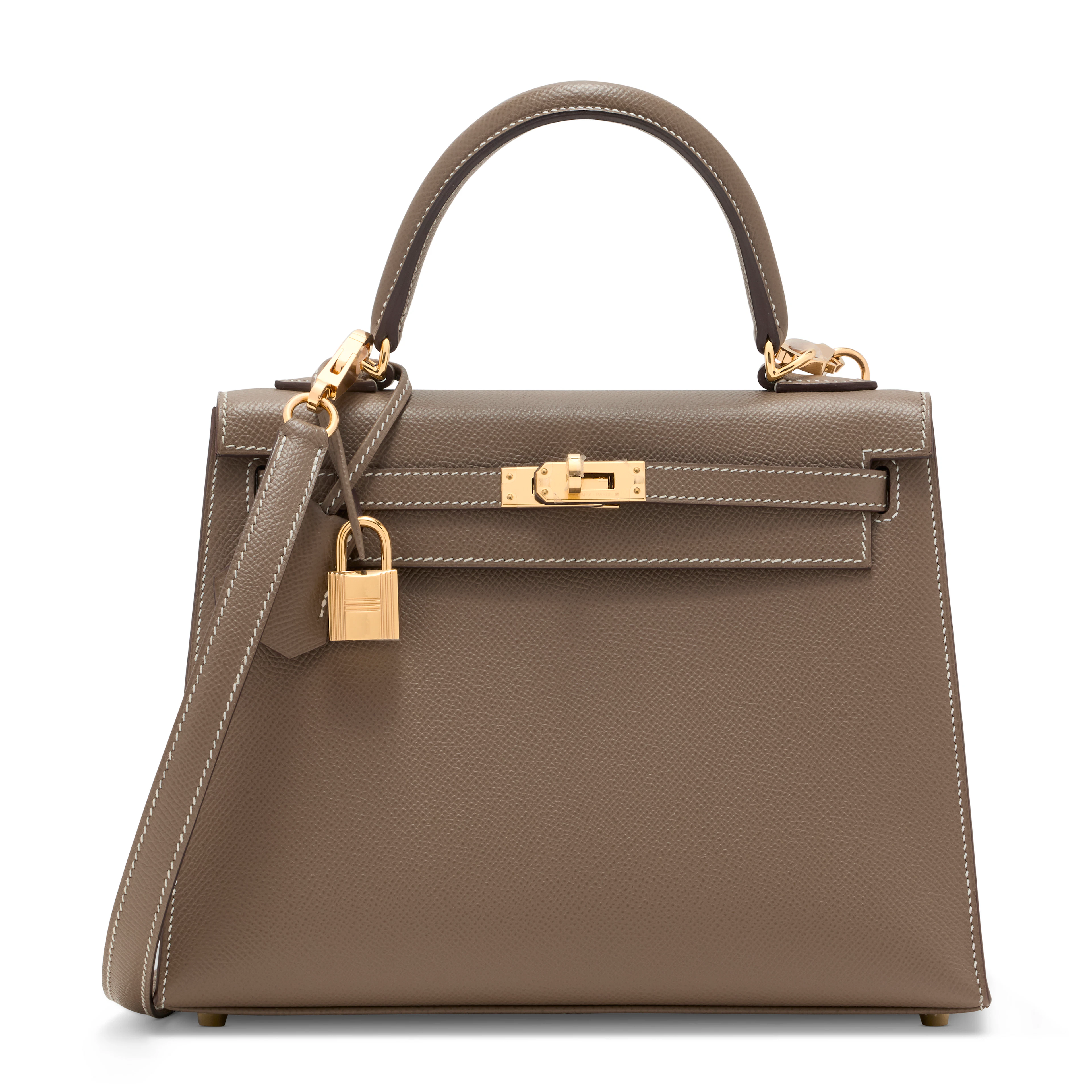 AN ÉTOUPE EPSOM LEATHER SELLIER KELLY 25 WITH GOLD HARDWARE