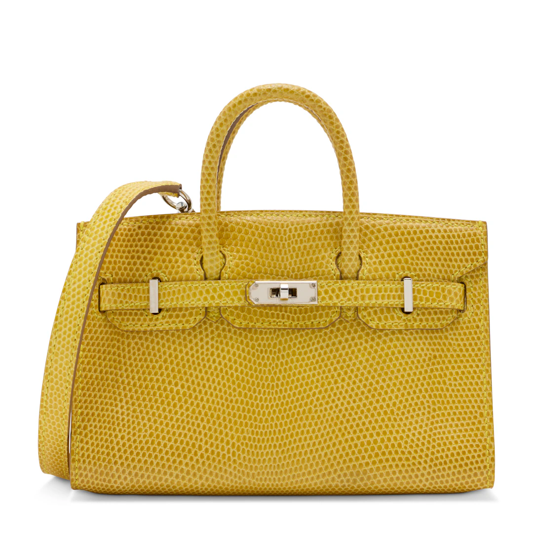 A RARE, SHINY CANARY LIZARD MICRO TINY BIRKIN WITH PALLADIUM HARDWARE