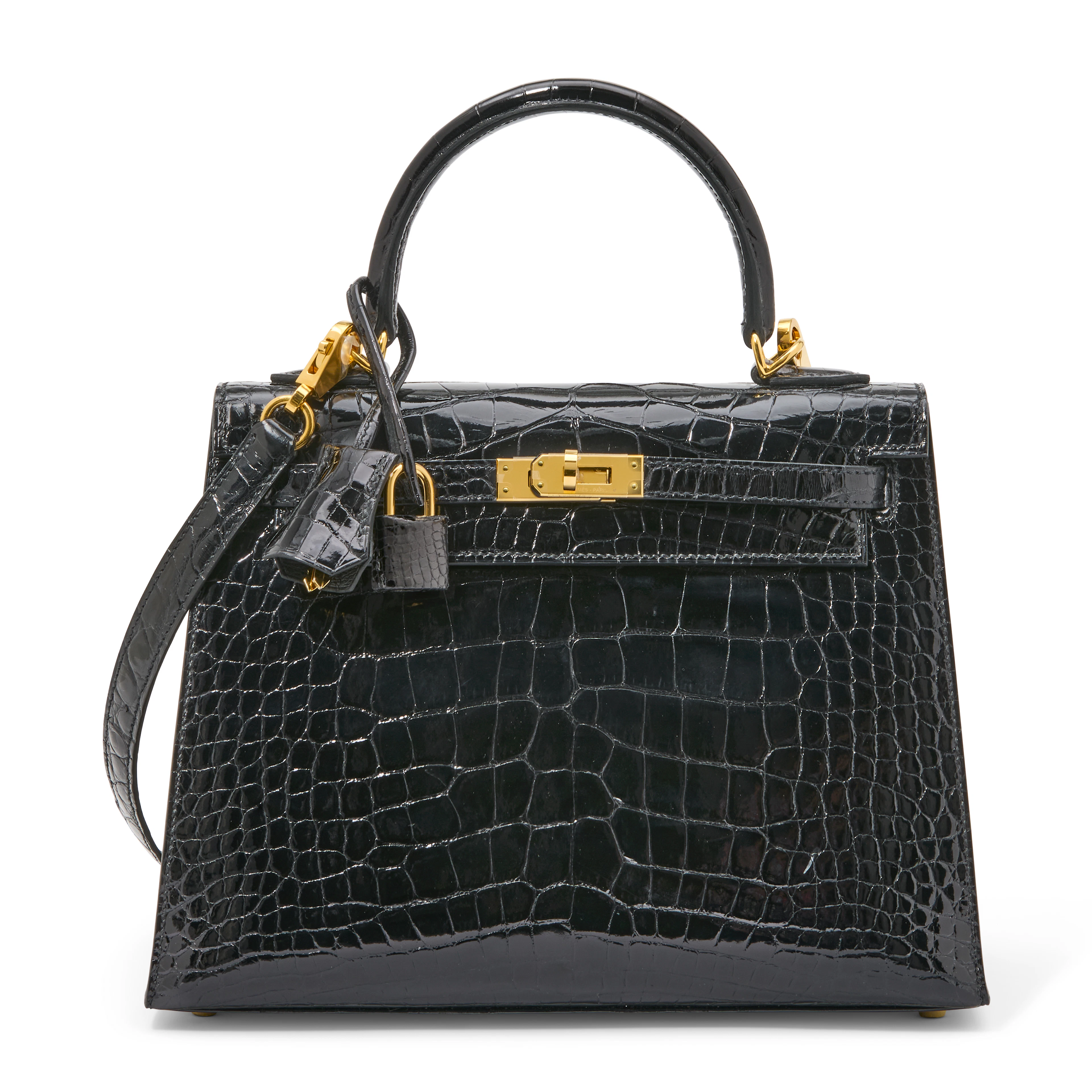 A SHINY BLACK ALLIGATOR SELLIER KELLY 25 WITH GOLD HARDWARE