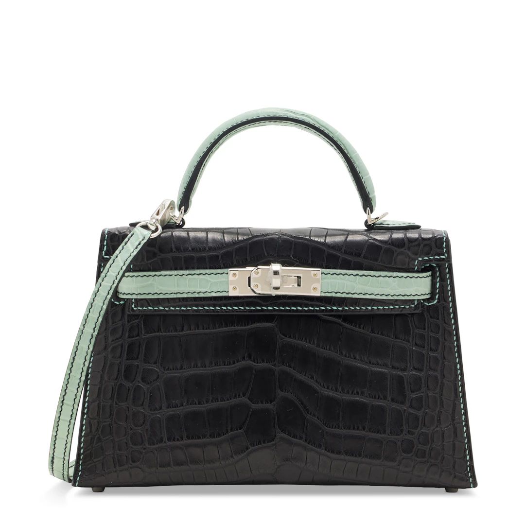 A SPECIAL ORDER MATTE BLACK & VERT D'EAU ALLIGATOR MINI KELLY 20 II