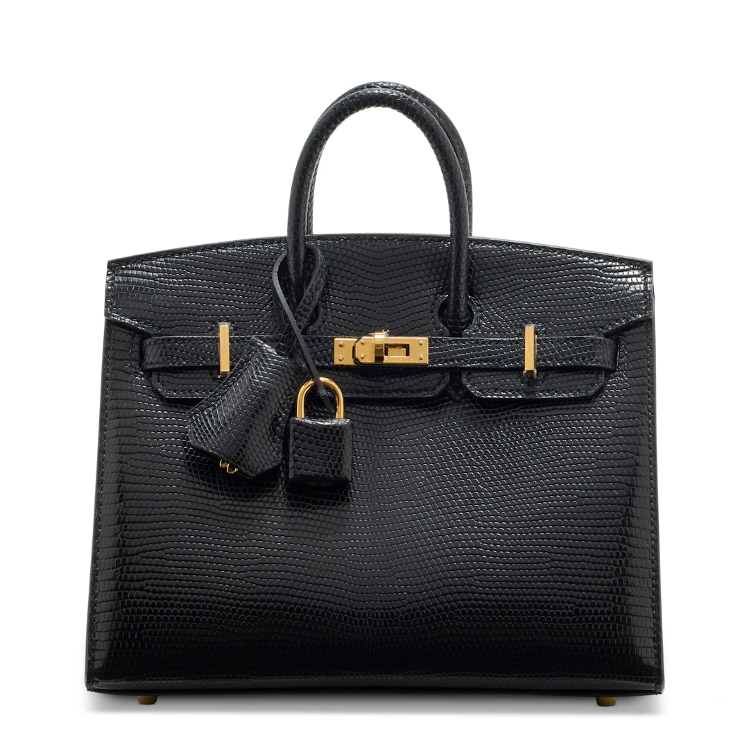 A RARE, SHINY BLACK NILOTICUS LIZARD SELLIER BIRKIN 20 WITH GOLD HARDWARE