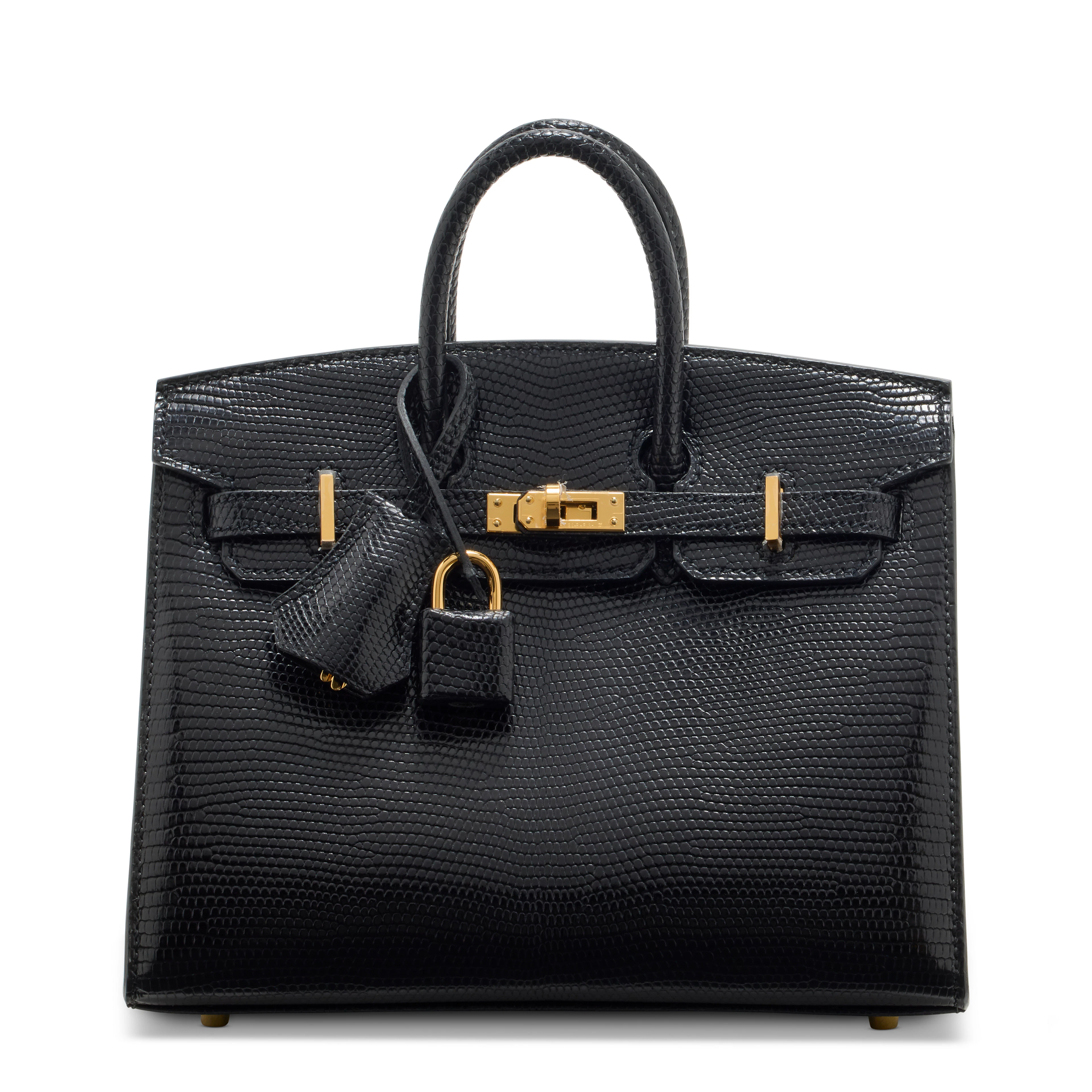 A RARE, SHINY BLACK NILOTICUS LIZARD SELLIER BIRKIN 20 WITH GOLD HARDWARE