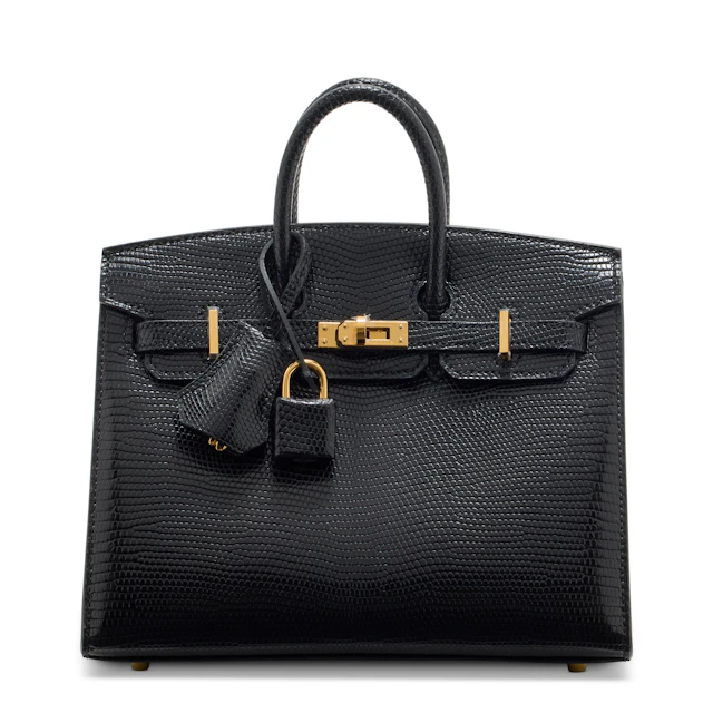 A RARE, SHINY BLACK NILOTICUS LIZARD SELLIER BIRKIN 20 WITH GOLD HARDWARE