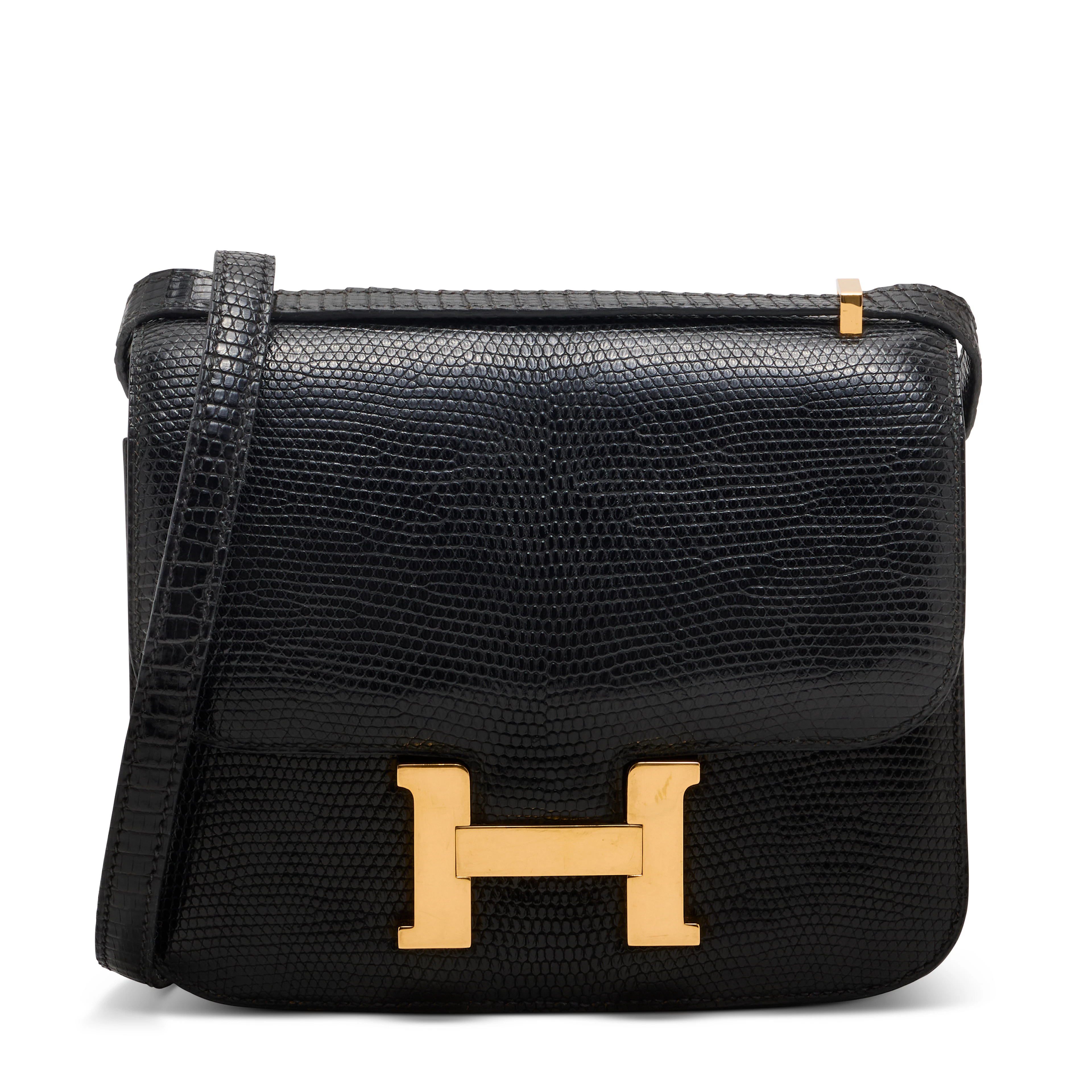 A SHINY BLACK SALVATOR LIZARD MINI CONSTANCE WITH GOLD HARDWARE