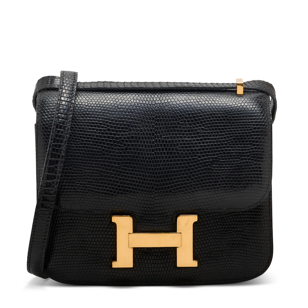A SHINY BLACK SALVATOR LIZARD MINI CONSTANCE WITH GOLD HARDWARE