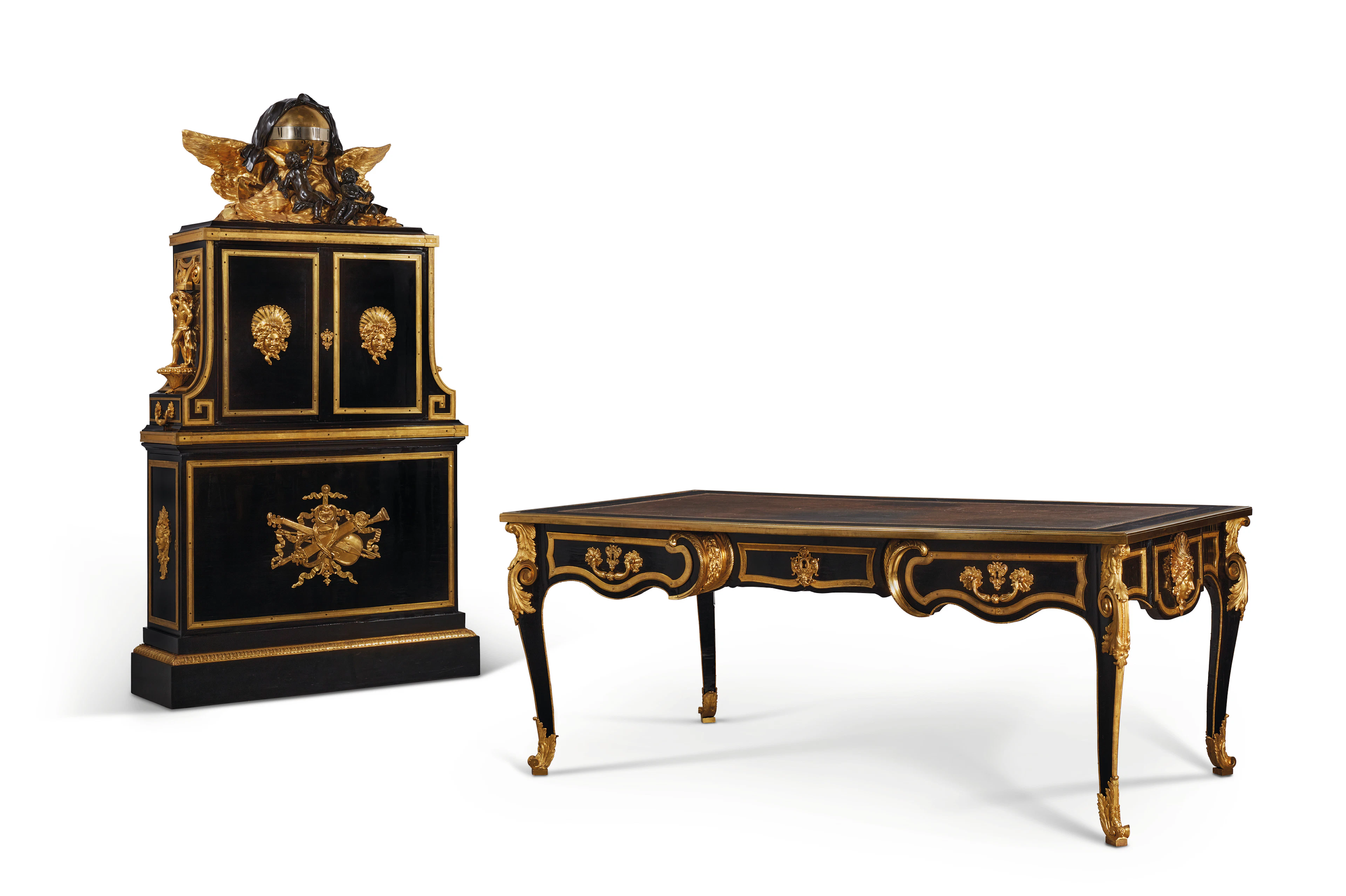 BUREAU PLAT, CARTONNIER ET SA PENDULE D’ÉPOQUE LOUIS XV