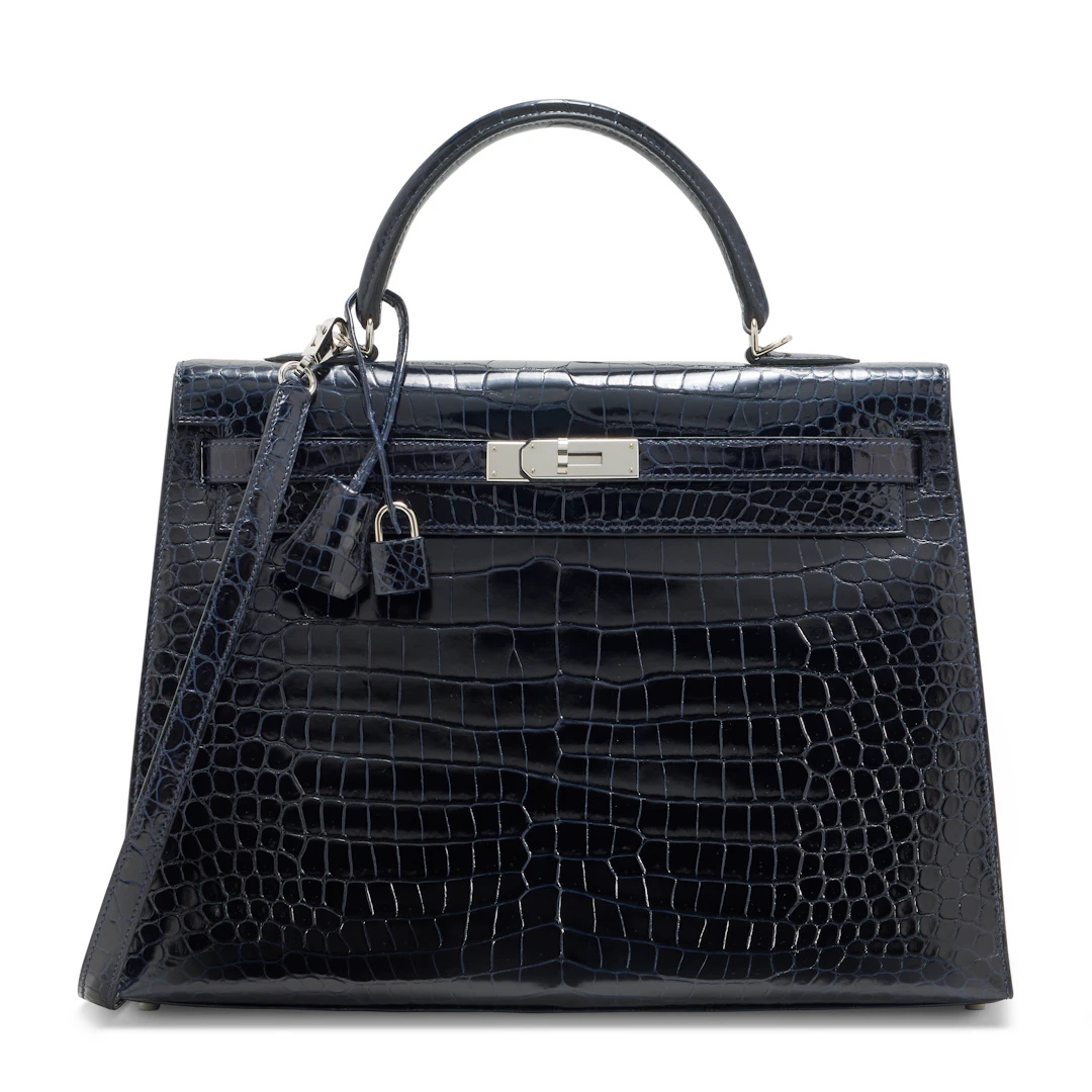 A SHINY BLEU MARINE POROSUS CROCODILE SELLIER KELLY 35 WITH PALLADIUM HARDWARE
