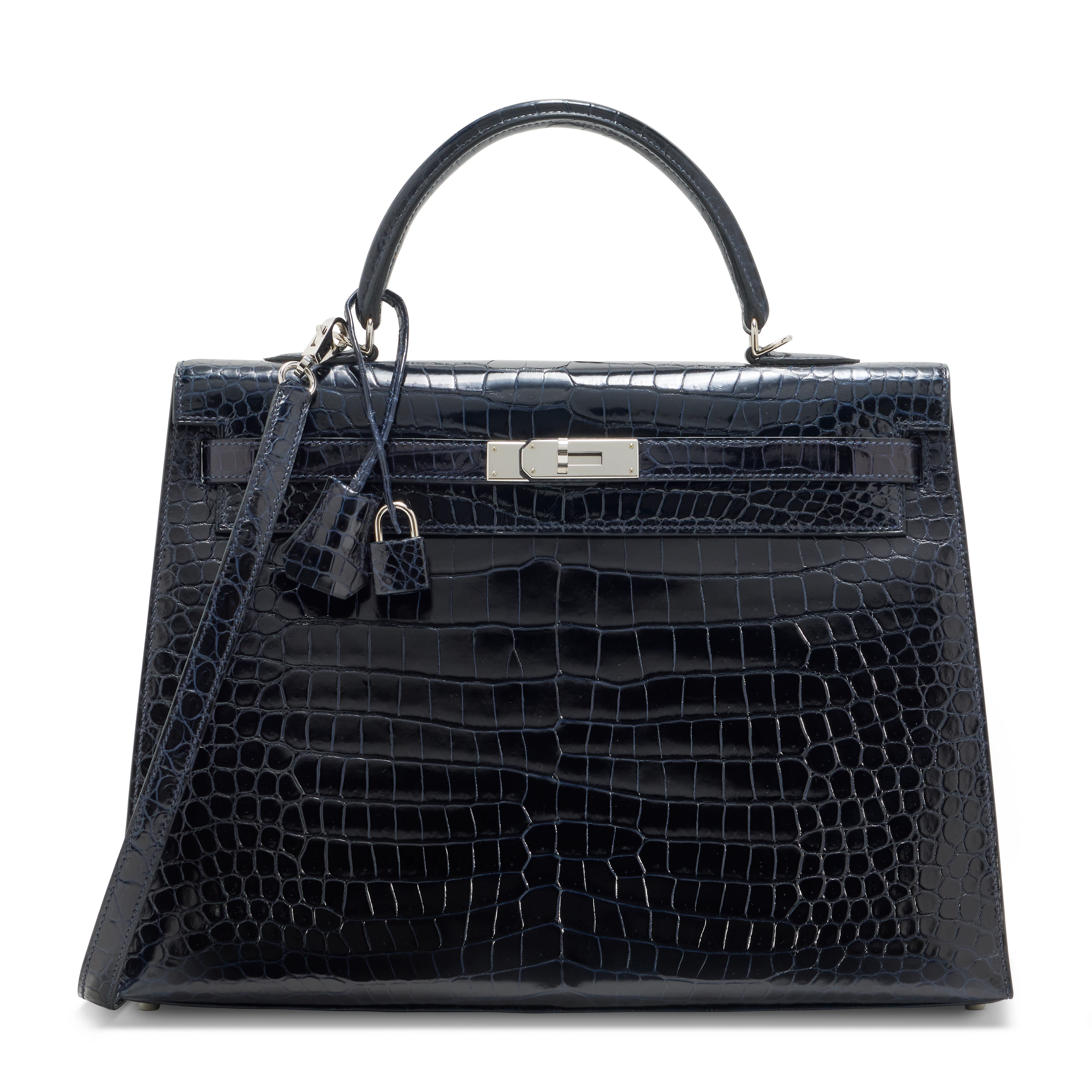 A SHINY BLEU MARINE POROSUS CROCODILE SELLIER KELLY 35 WITH PALLADIUM HARDWARE