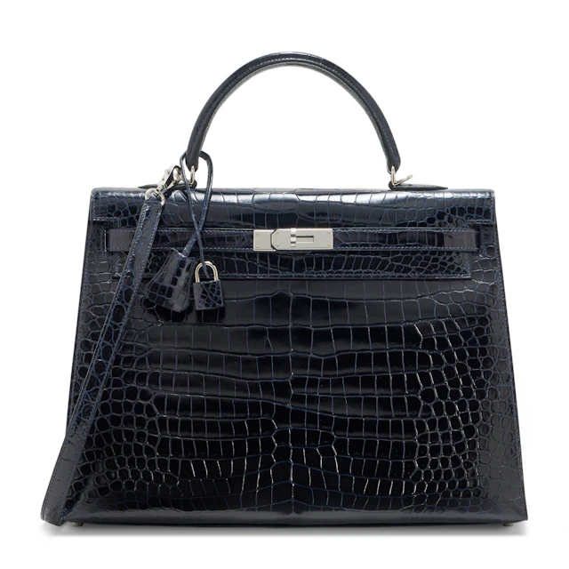 A SHINY BLEU MARINE POROSUS CROCODILE SELLIER KELLY 35 WITH PALLADIUM HARDWARE