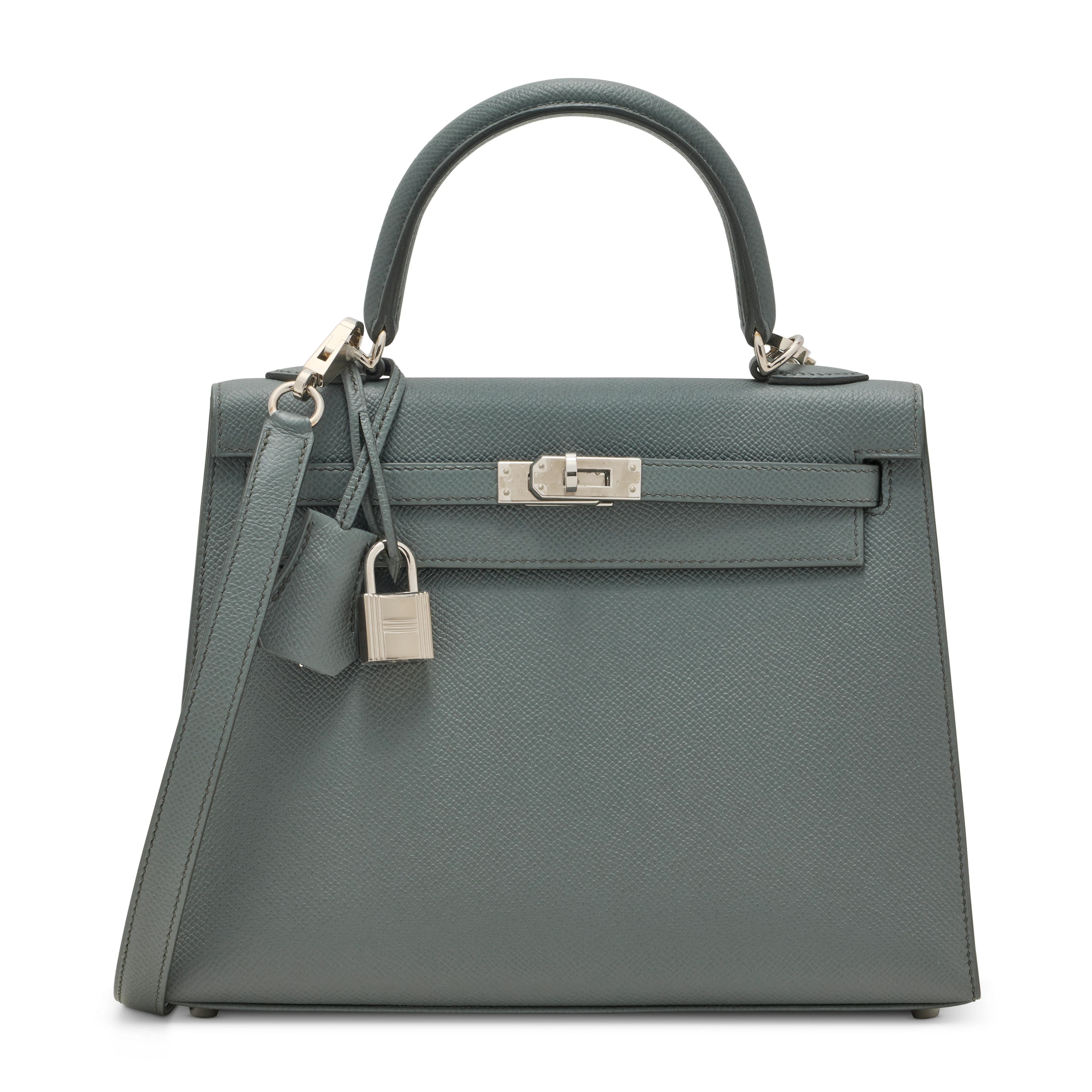 A VERT AMANDE EPSOM LEATHER SELLIER KELLY 25 WITH PALLADIUM HARDWARE