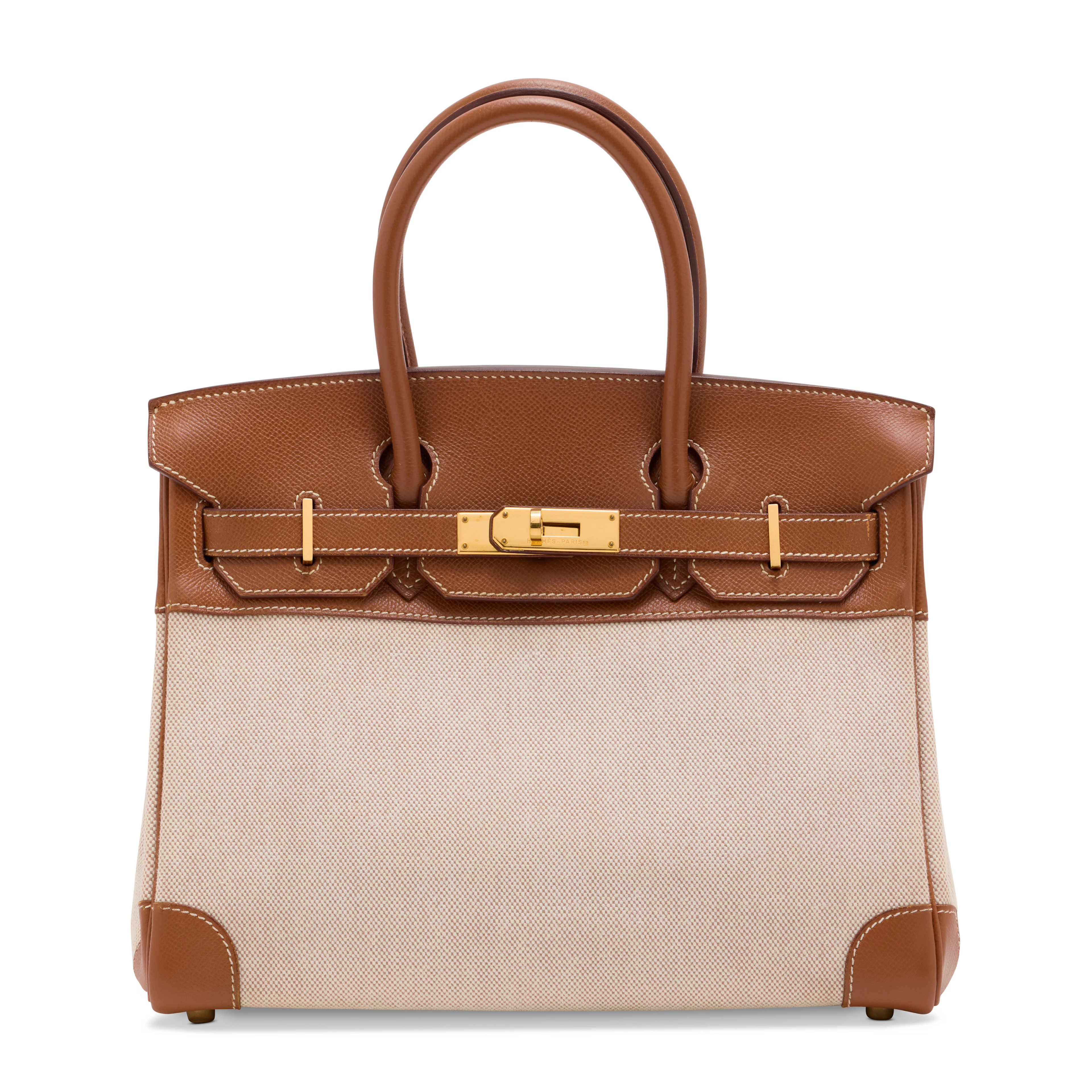A GOLD COURCHEVEL LEATHER & CANVAS BIRKIN 30 WITH GOLD HARDWARE