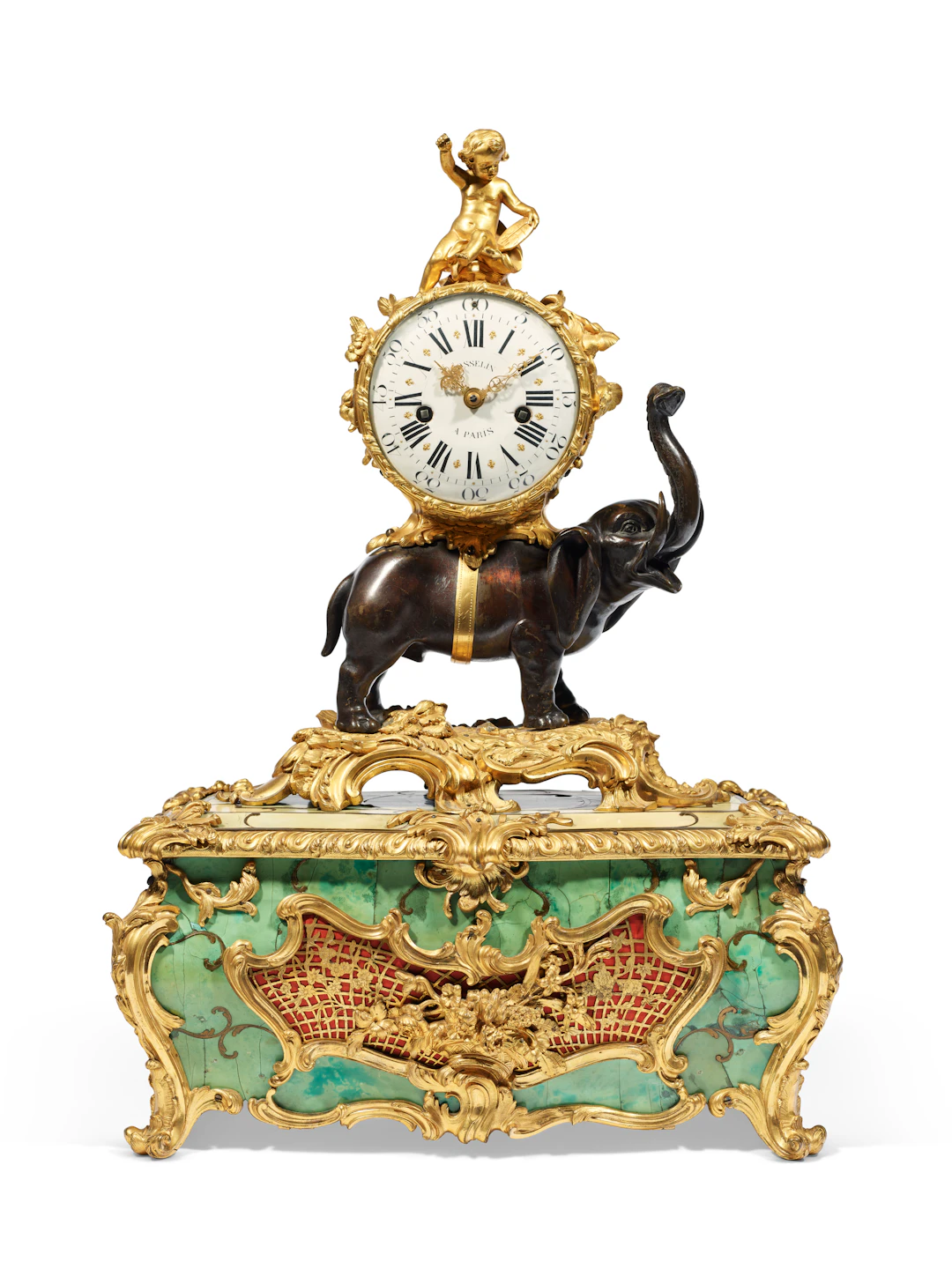 A LOUIS XV GILT AND PATINATED BRONZE ELEPHANT CLOCK WITH A MUSICAL BOX