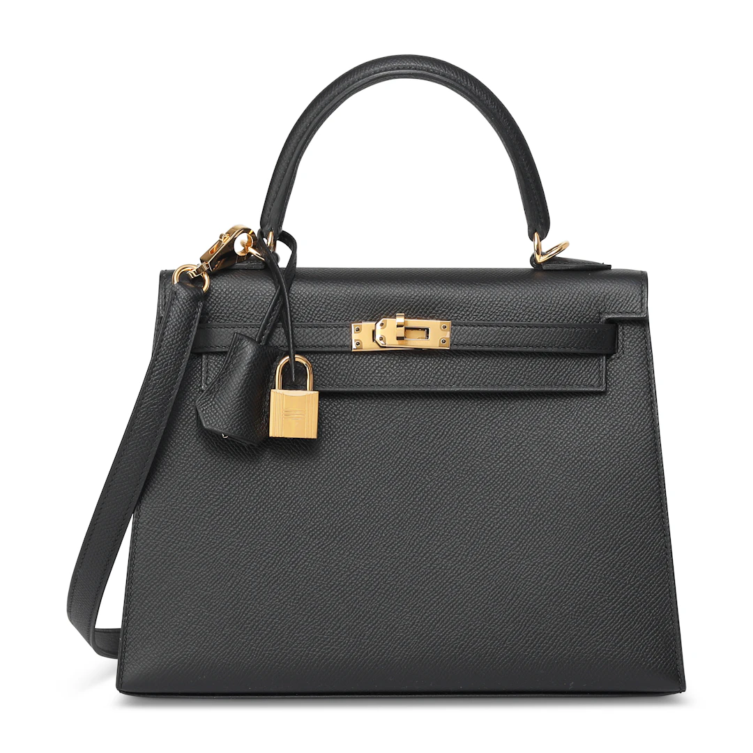 A BLACK EPSOM LEATHER SELLIER KELLY 25 WITH GOLD HARDWARE
