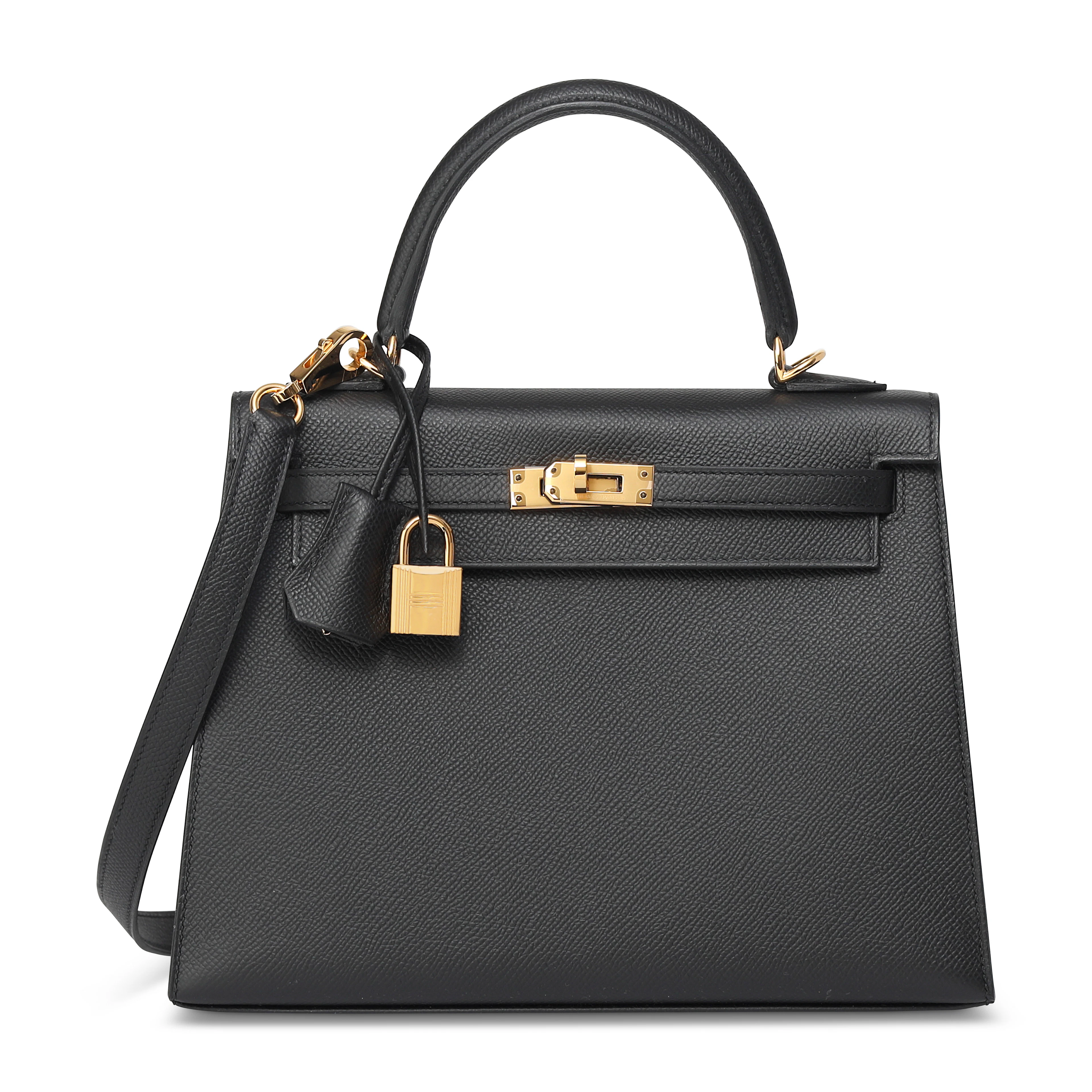 A BLACK EPSOM LEATHER SELLIER KELLY 25 WITH GOLD HARDWARE