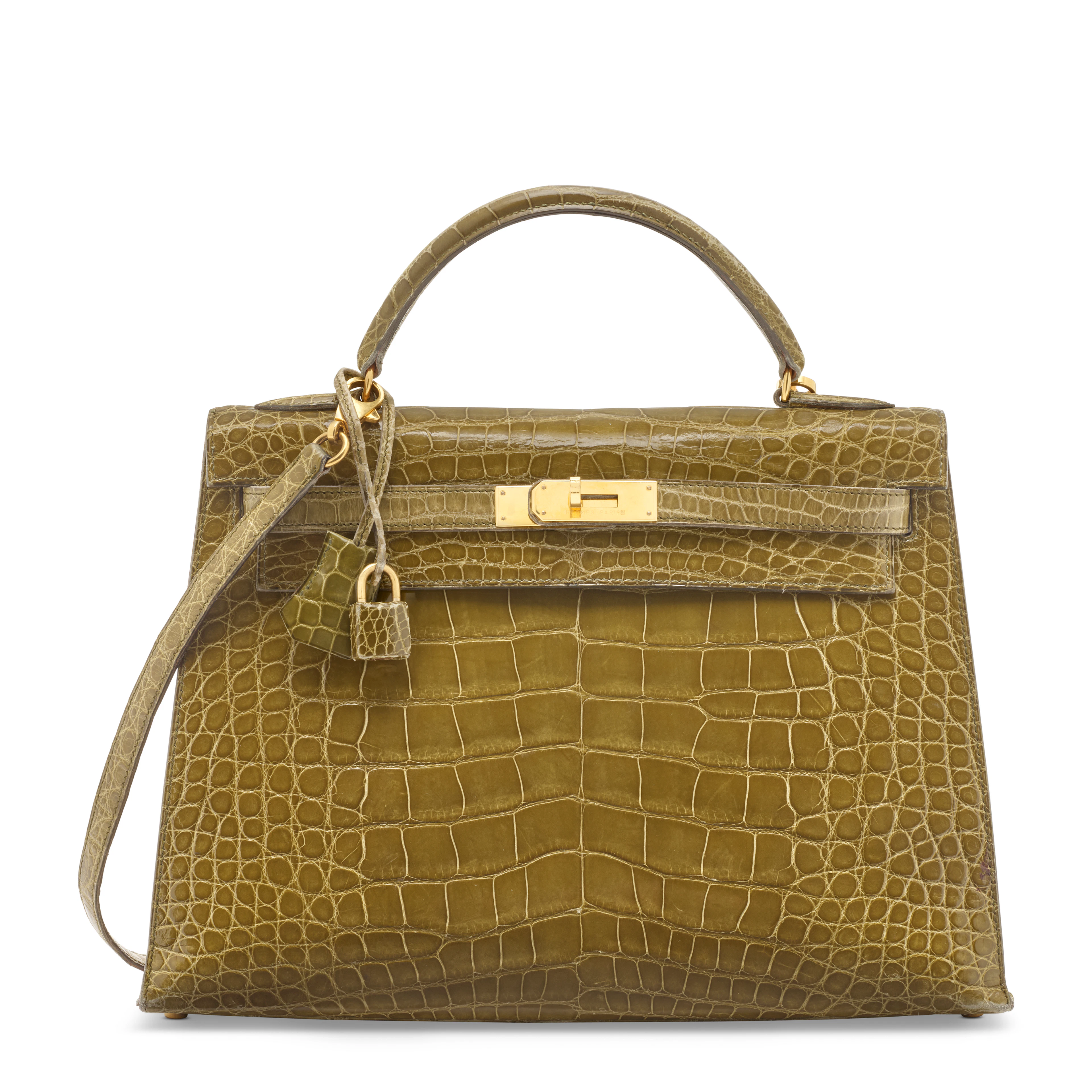 A SHINY VERT JASMINE ALLIGATOR SELLIER KELLY 32 WITH GOLD HARDWARE