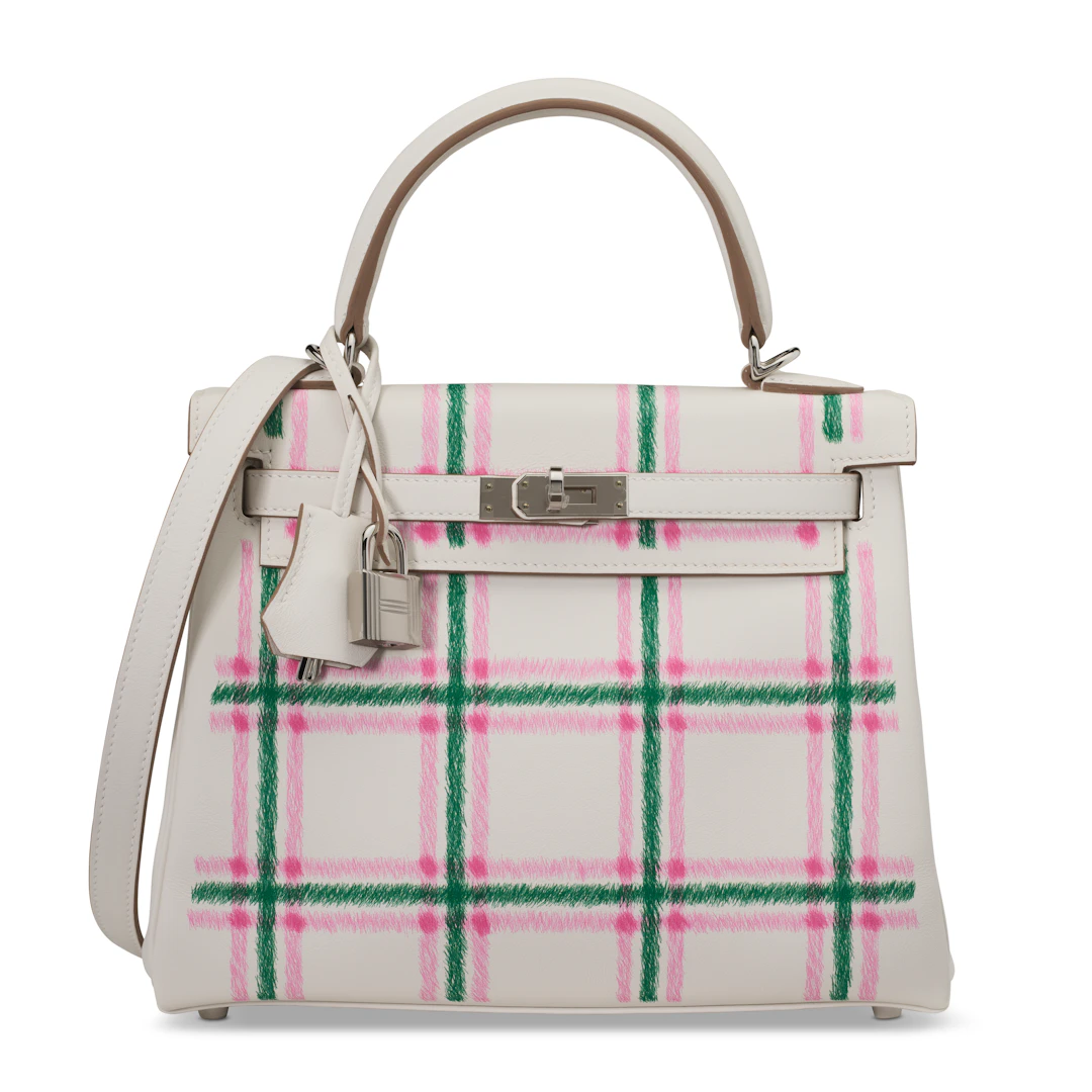 A LIMITED EDITION GRIS PALE, VERT MOYEN & BUBBLEGUM PINK PRINTED TARTAN