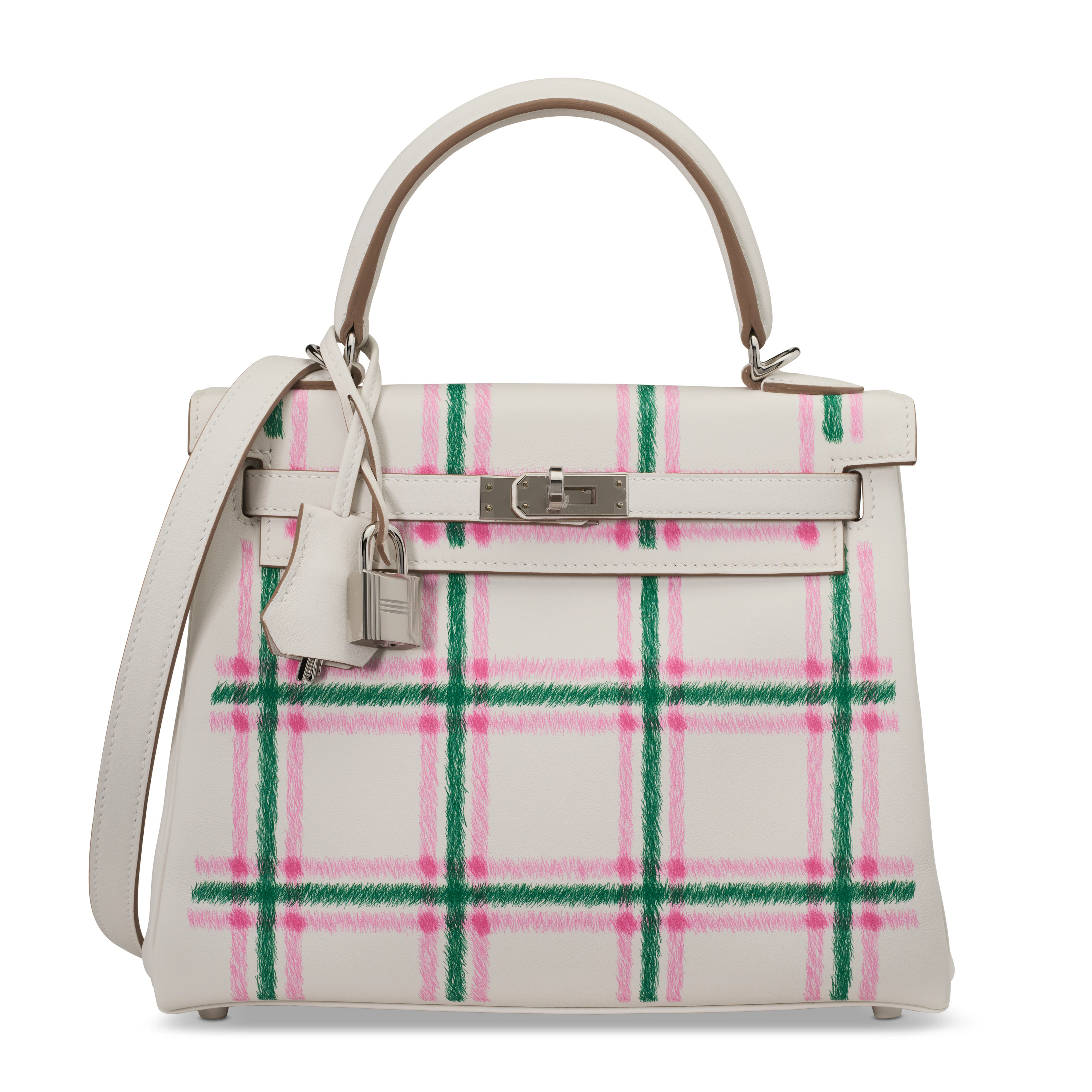 A LIMITED EDITION GRIS PALE, VERT MOYEN & BUBBLEGUM PINK PRINTED TARTAN