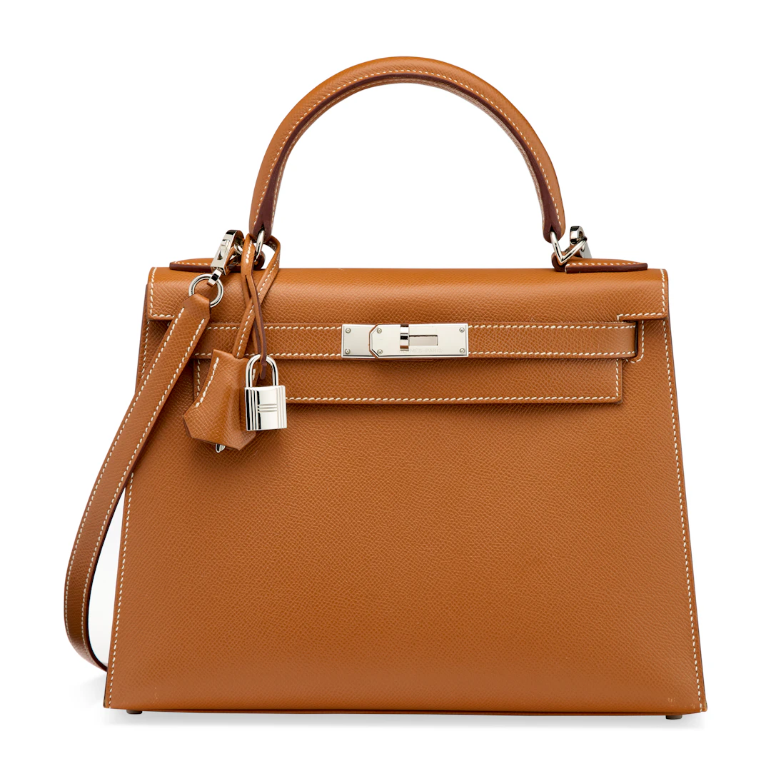 A GOLD EPSOM LEATHER SELLIER KELLY 28 WITH PALLADIUM HARDWARE