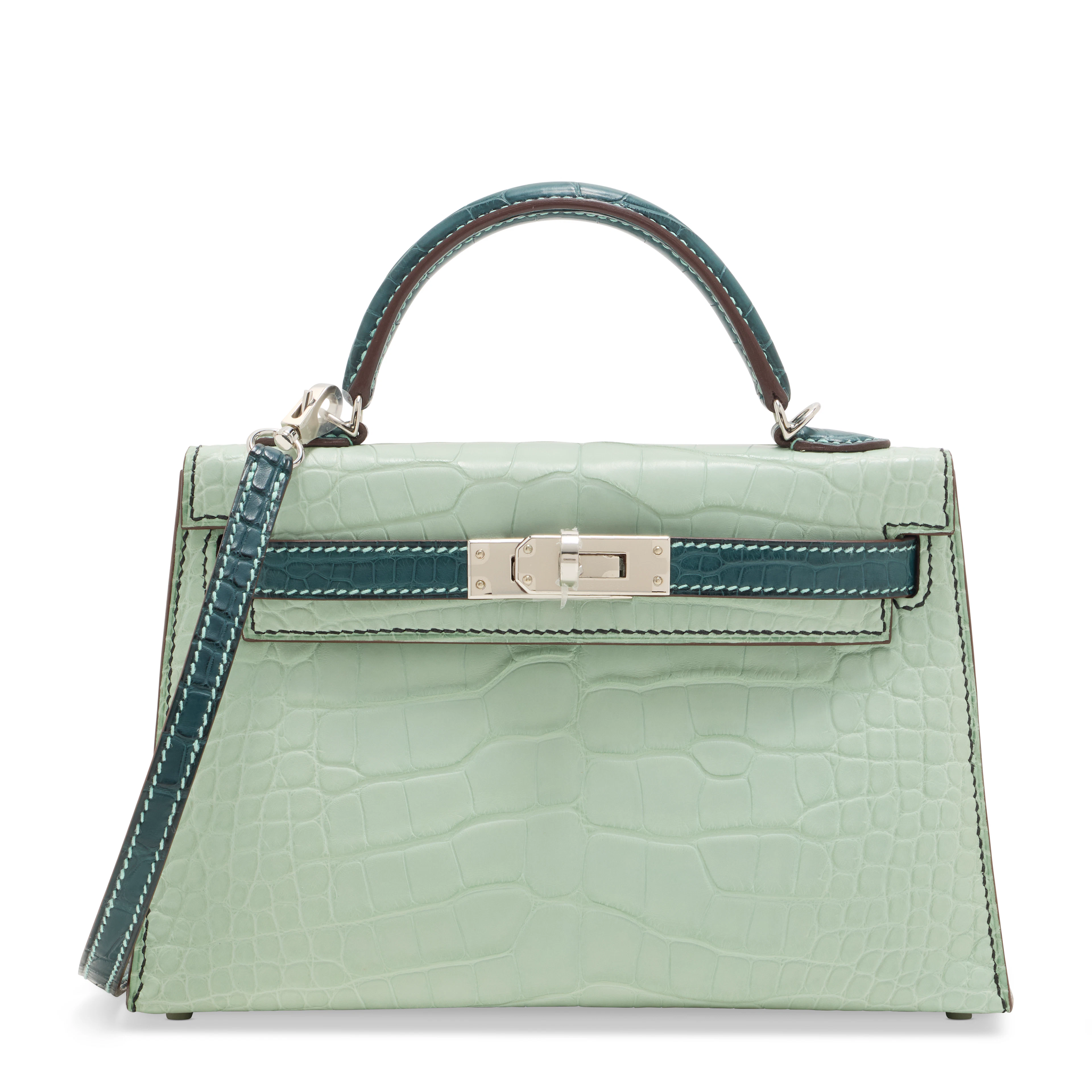 A SPECIAL ORDER MATTE VERT D'EAU & VERT CYPRÈS ALLIGATOR MINI KELLY