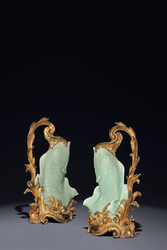 A PAIR OF LOUIS XV ORMOLU-MOUNTED CHINESE CELADON PORCELAIN CARP VASES