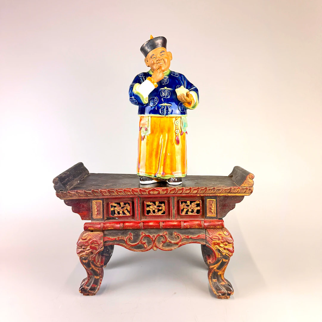 CHINESE STAND & POTTERY FIGURE.
