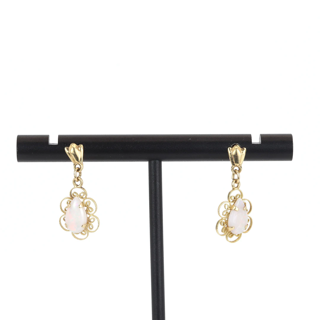 9CT GOLD OPAL DROP EARRINGS.