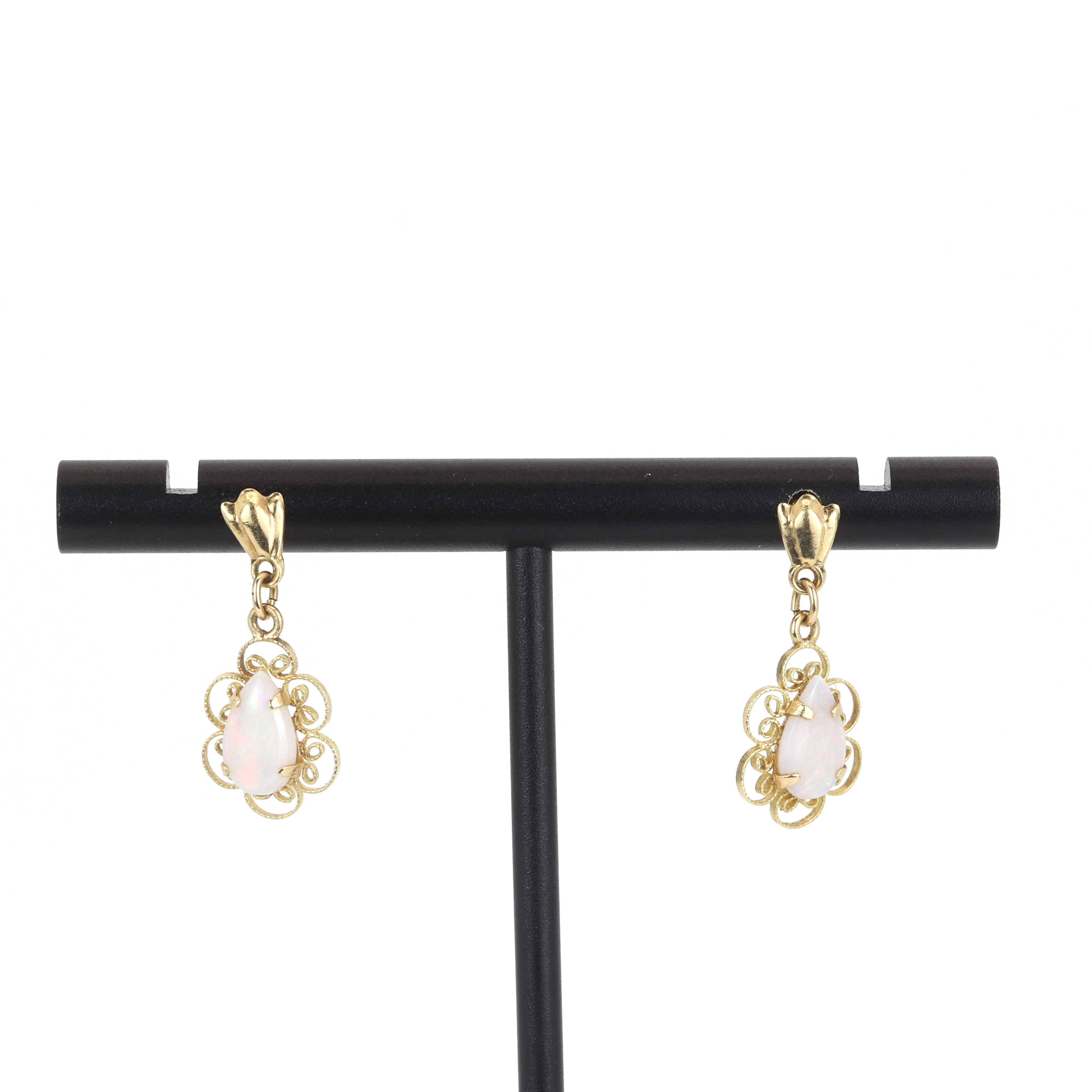 9CT GOLD OPAL DROP EARRINGS.