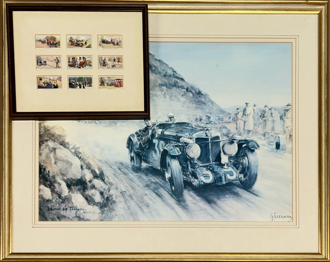 FRAMED RACING CAR PRINT ETC.