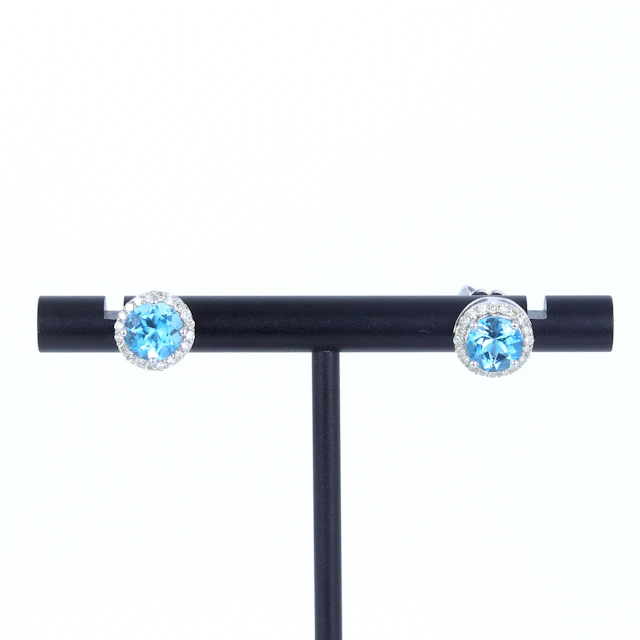BLUE TOPAZ AND DIAMOND 9CT EARRINGS.