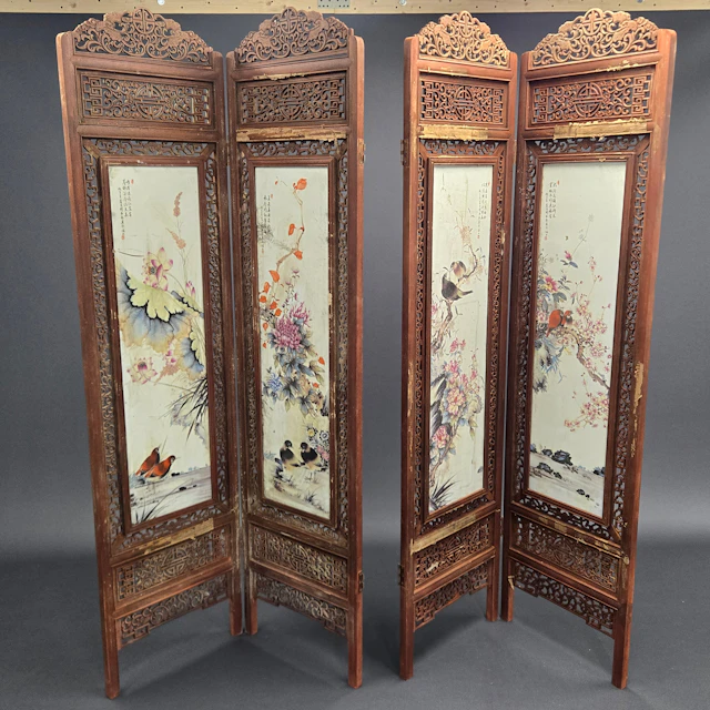 CHINESE HARDWOOD & PORCELAIN SCREEN.