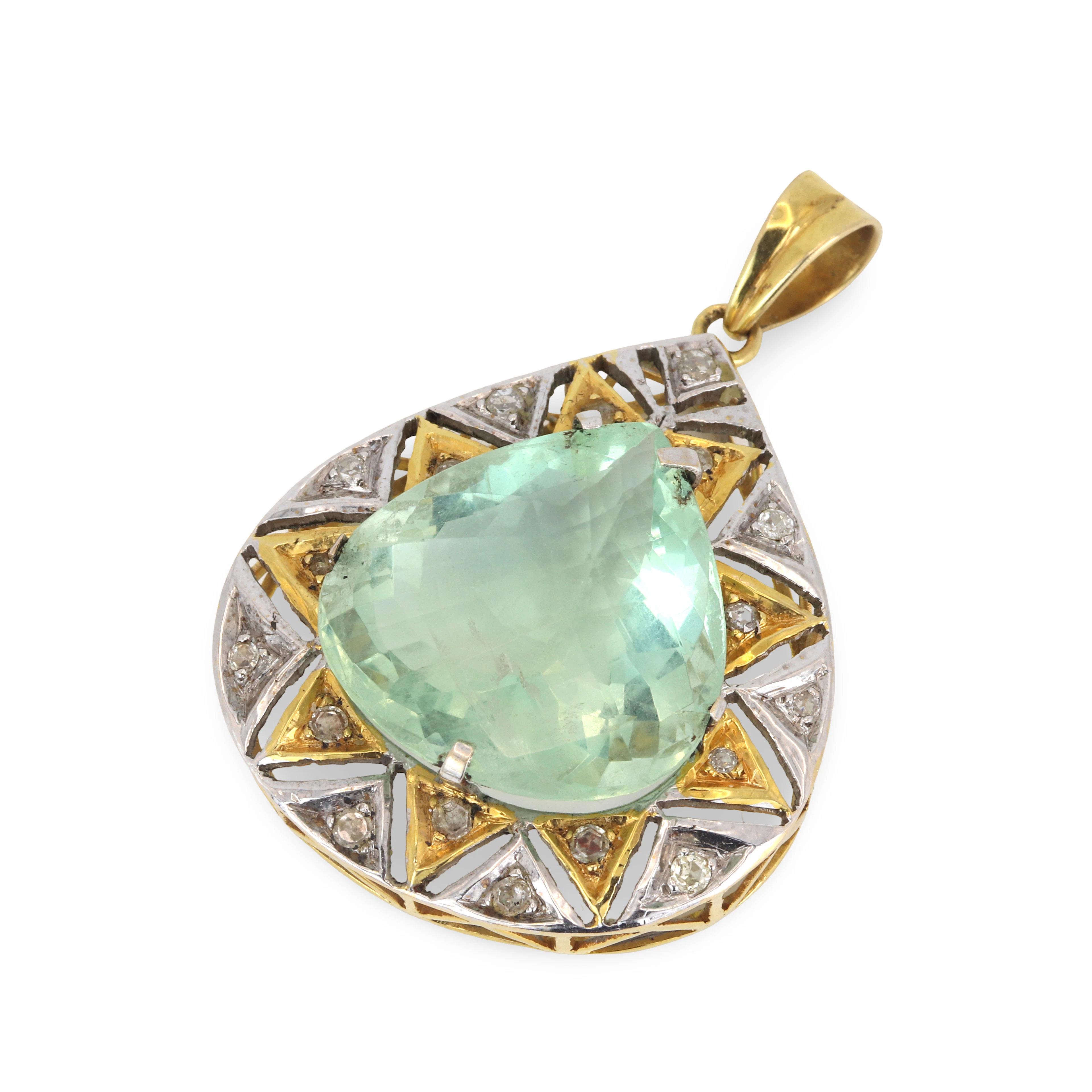 18CT GOLD FLUORITE & DIAMOND PENDANT.