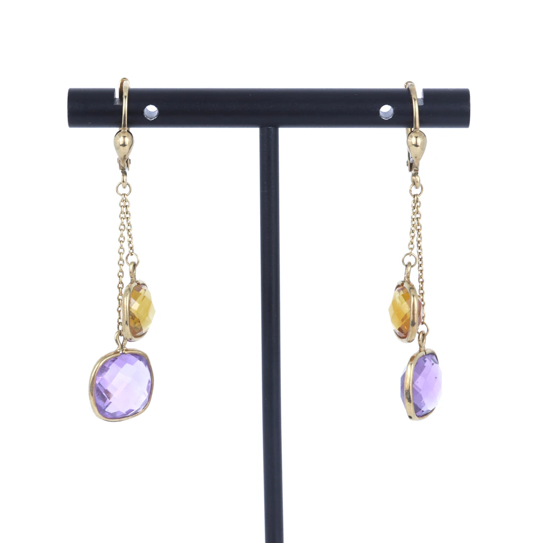 AMETHYST AND CITRINE 9CT EARRINGS.