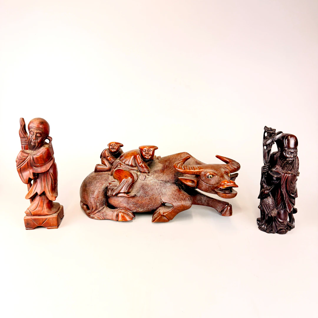 CHINESE CARVED BUFFALO & FIGURES.