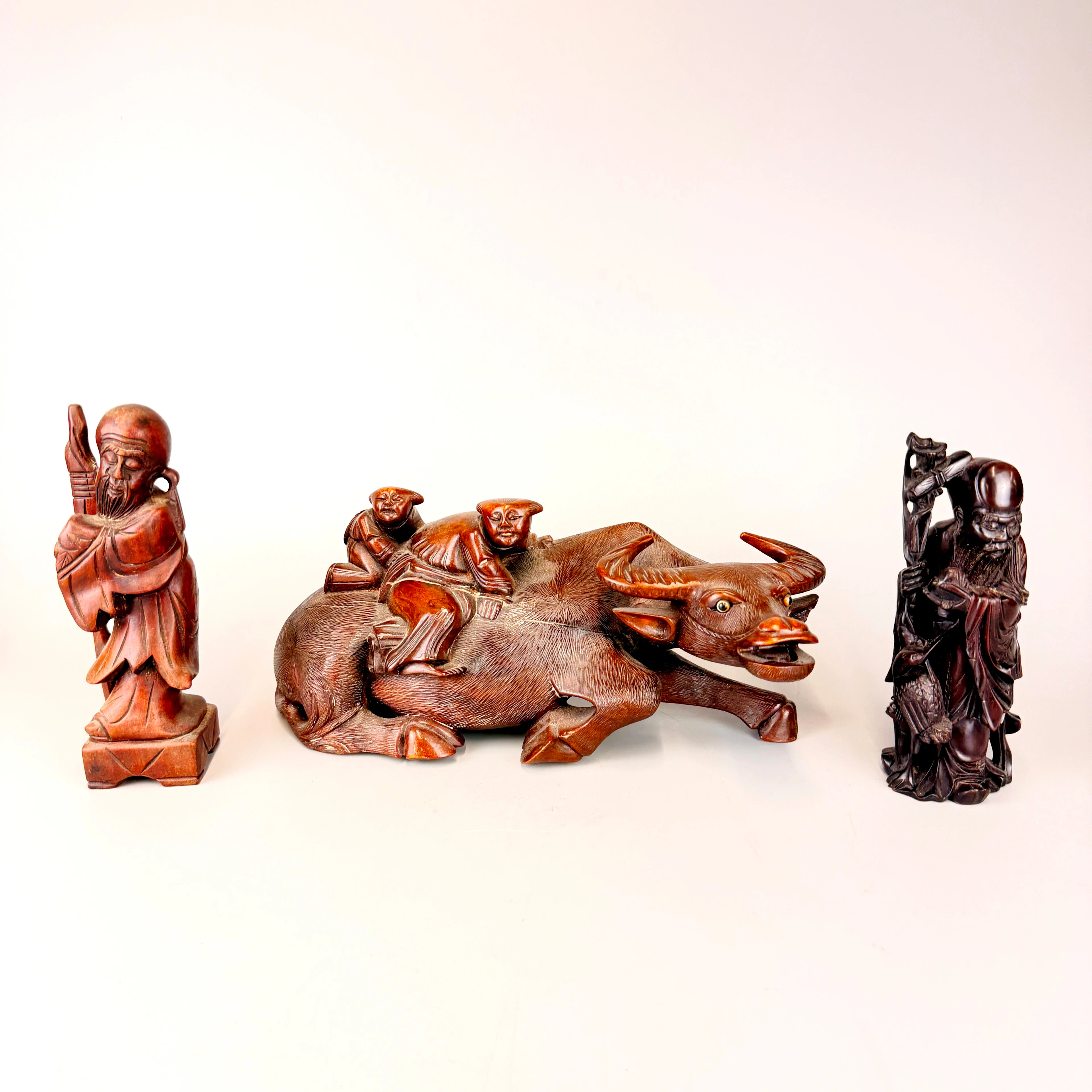 CHINESE CARVED BUFFALO & FIGURES.