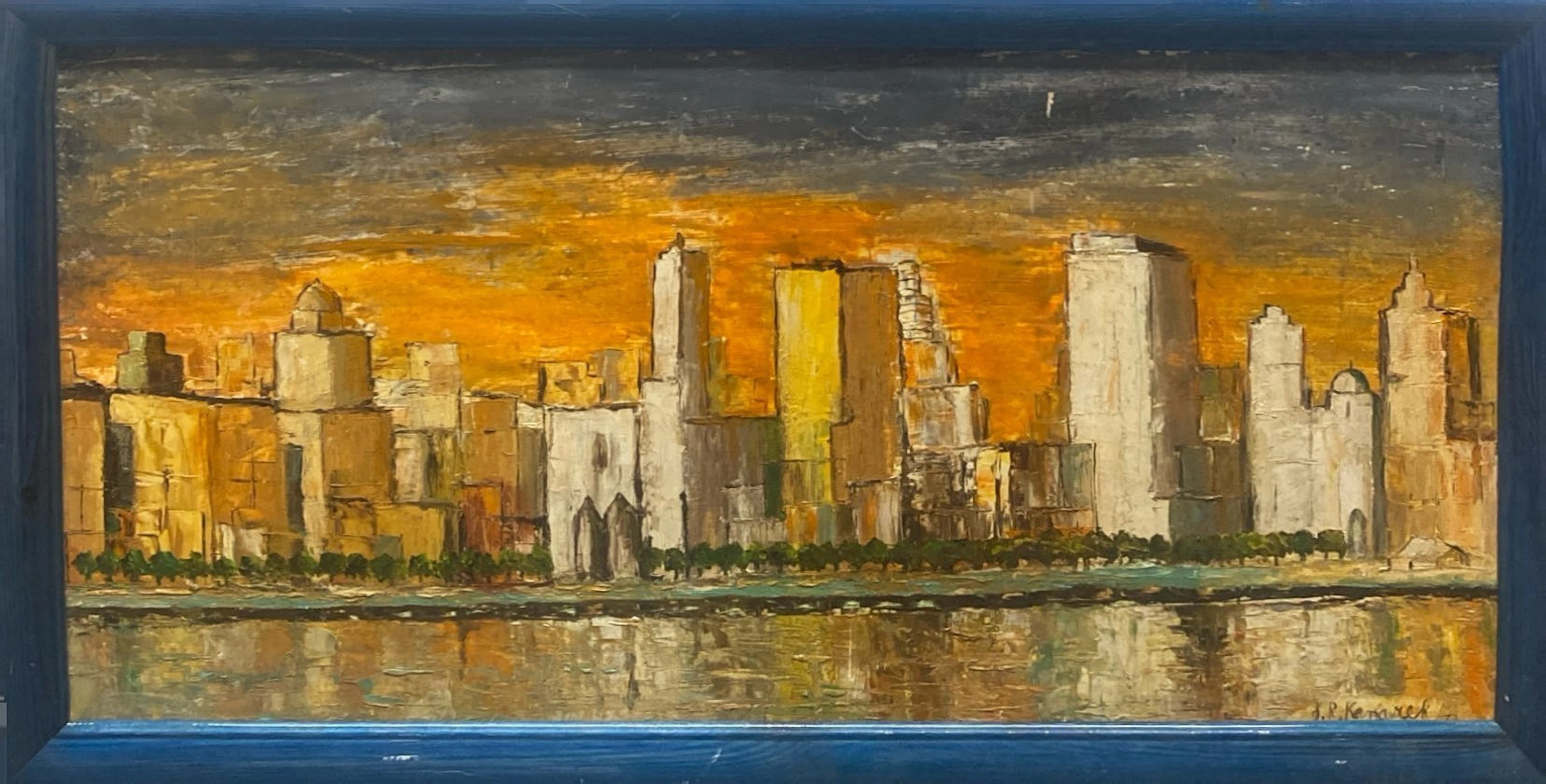 FRAMED OIL ON BOARD CITYSCAPE.