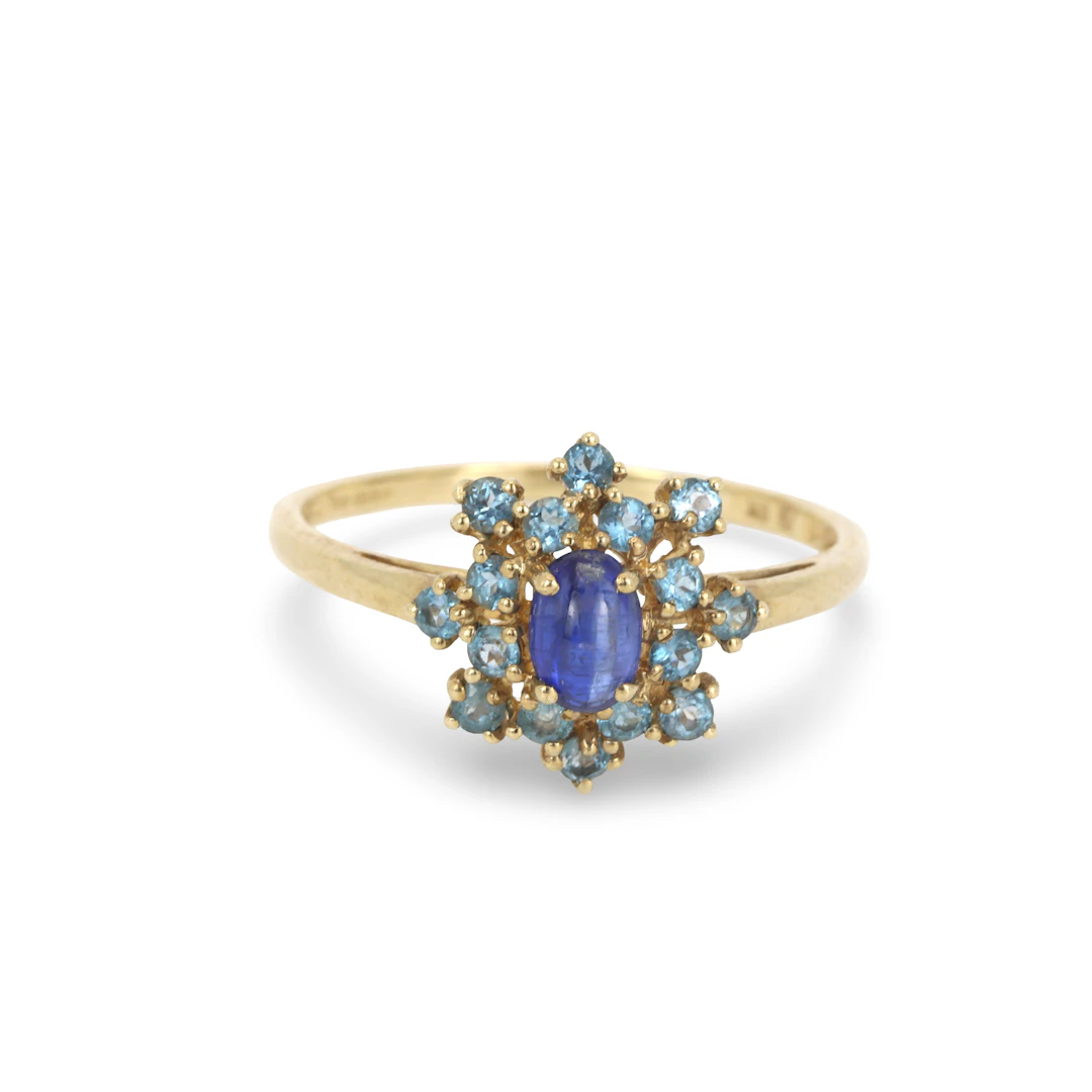 9CT GOLD SAPPHIRE & BLUE TOPAZ RING.