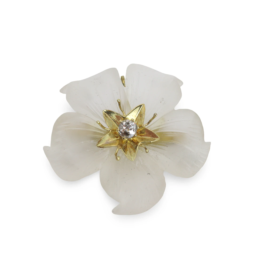 14CT GOLD DIAMOND & CRYSTAL BROOCH.