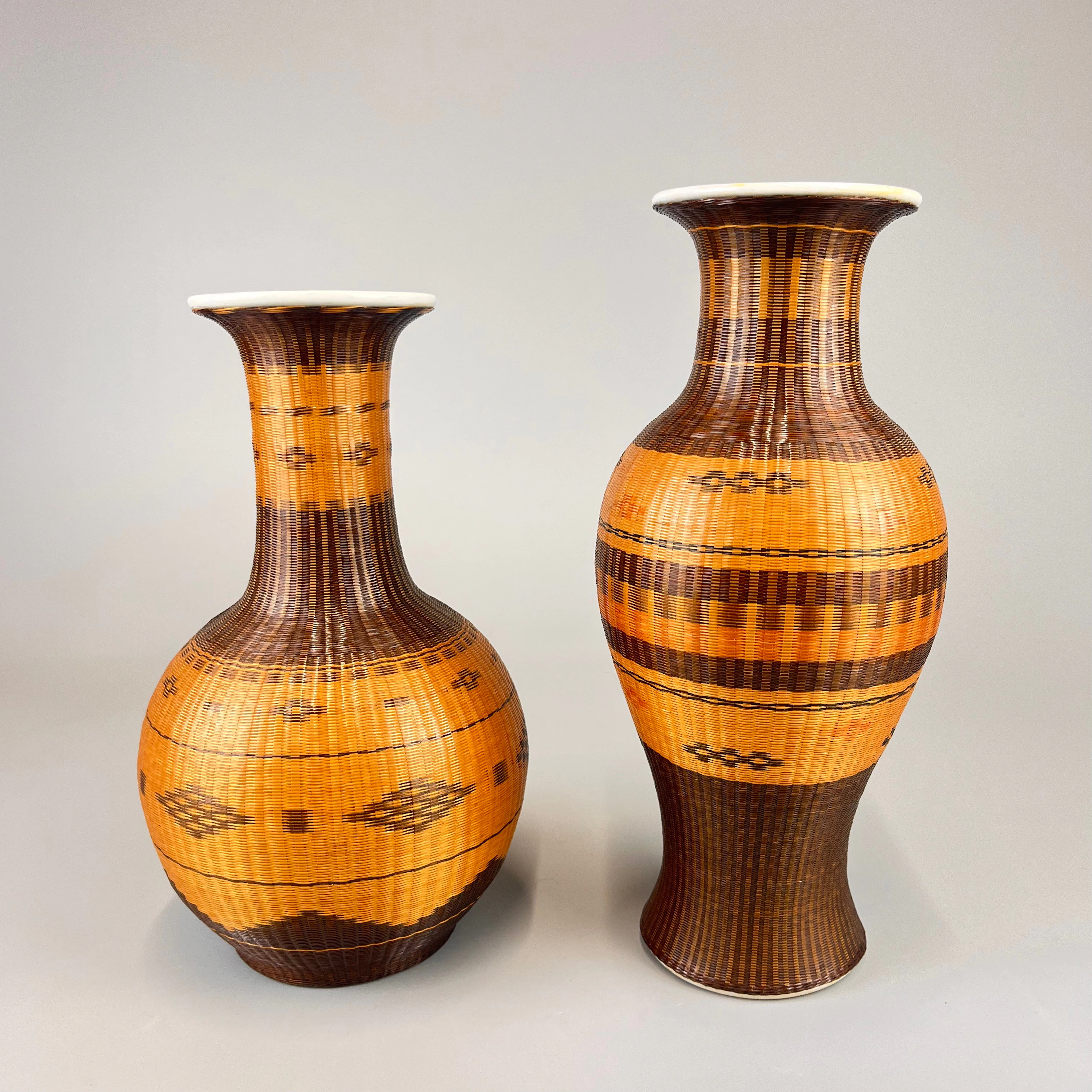 CHINESE PORCELAIN & WICKER VASES.