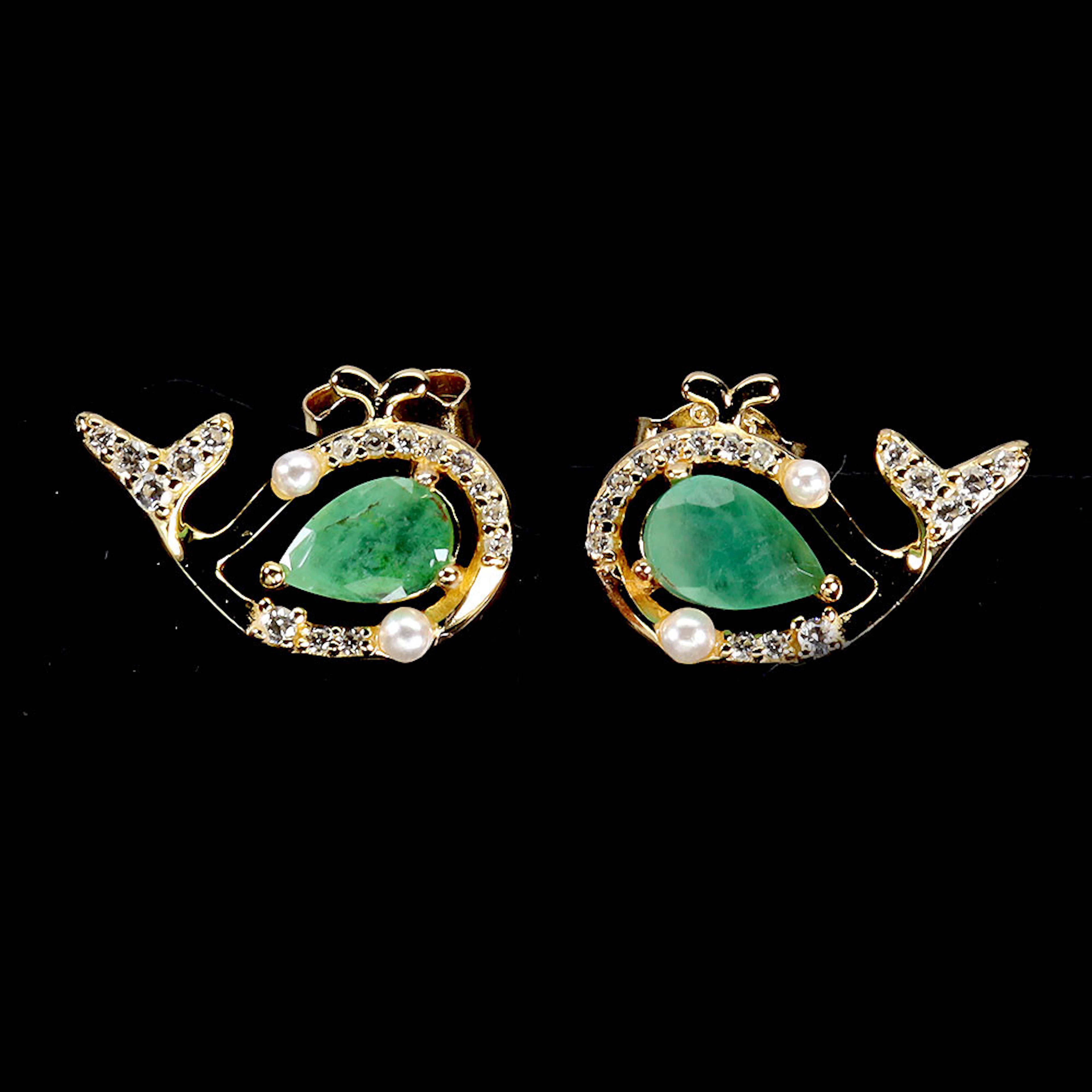 WHALE EMERALD SILVER EARRINGS.