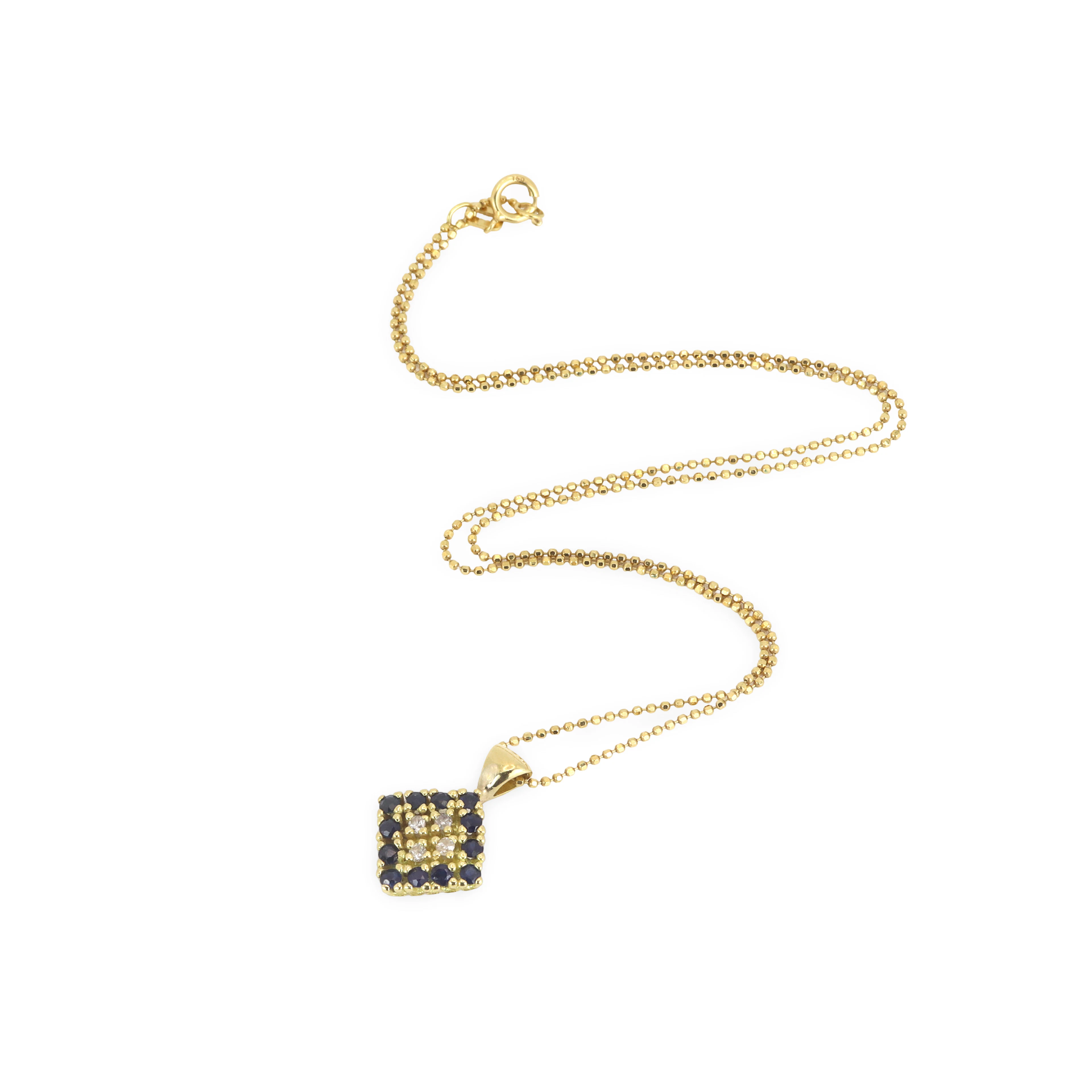 18CT GOLD SAPPHIRE & DIAMOND NECKLACE.