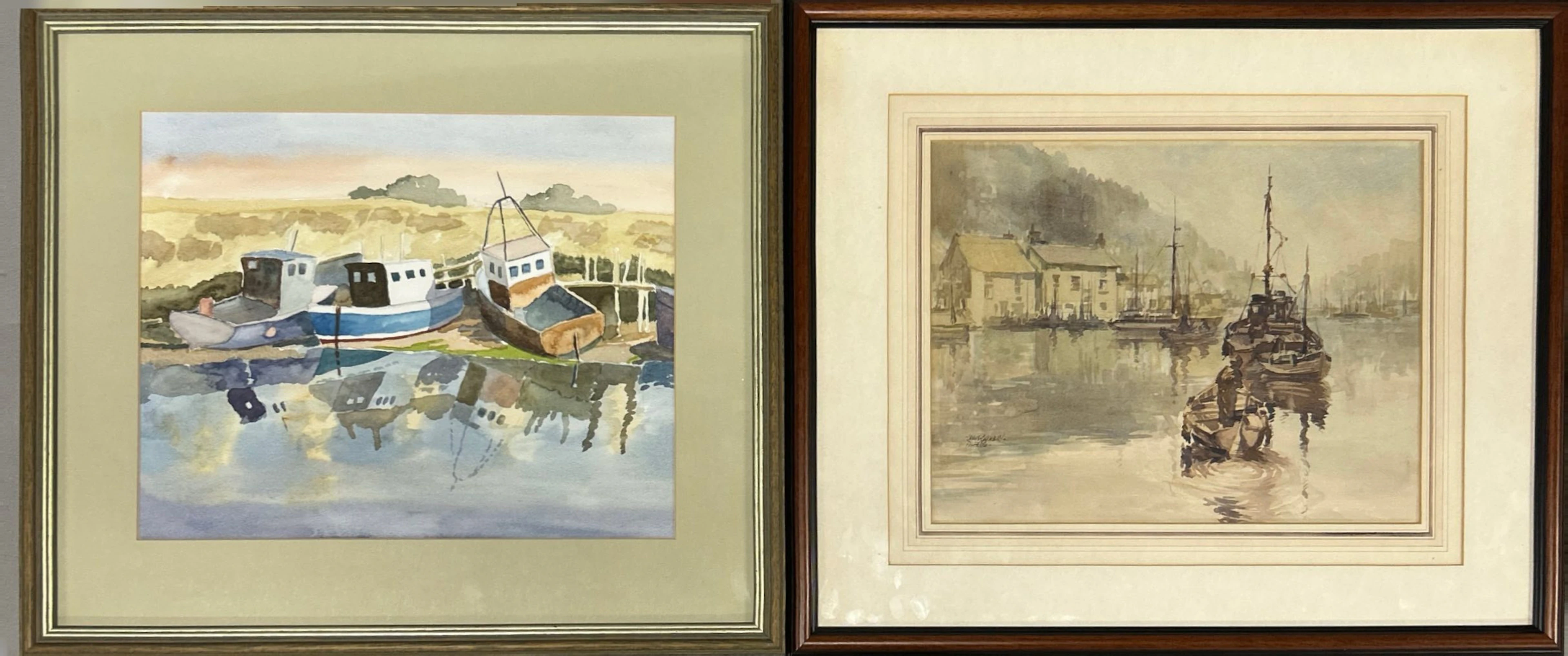 FRAMED WATERCOLOUR BOATYARD SCENE ETC.
