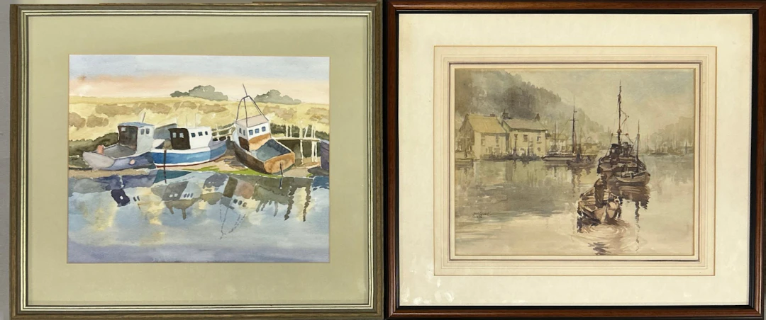 FRAMED WATERCOLOUR BOATYARD SCENE ETC.