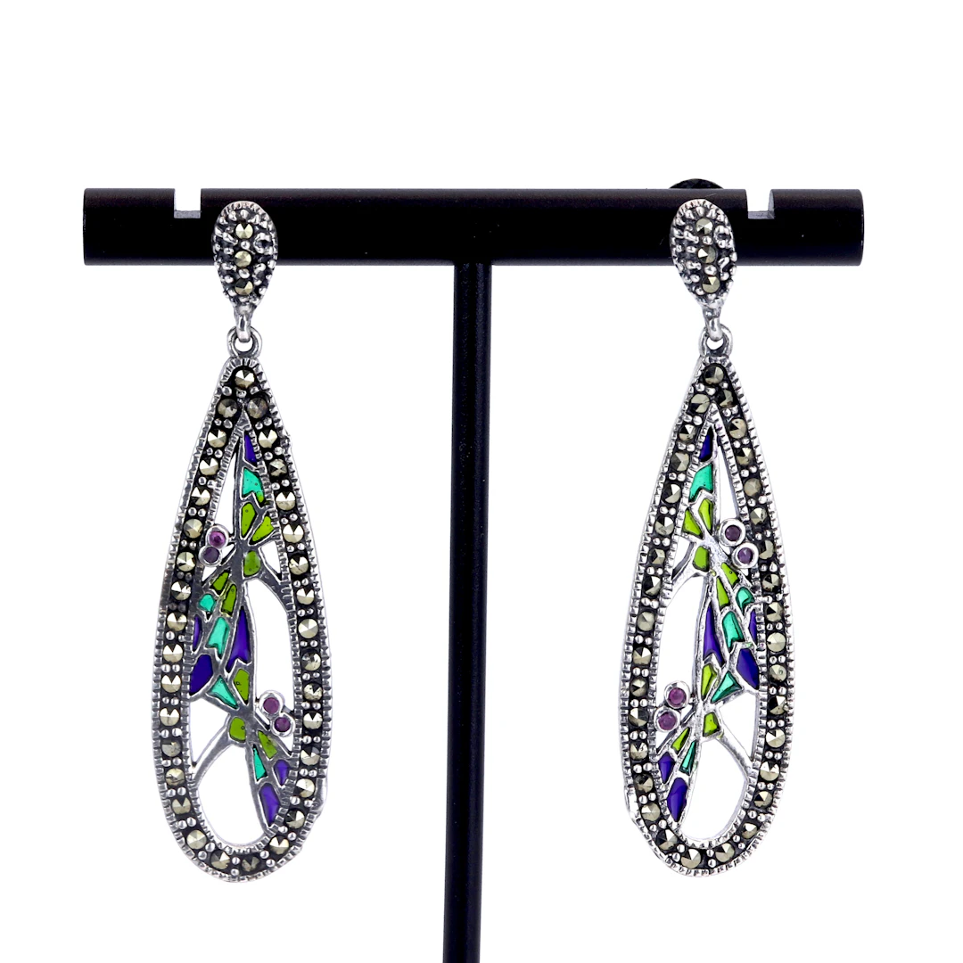 925 MARCASITE AND ENAMEL EARRINGS.